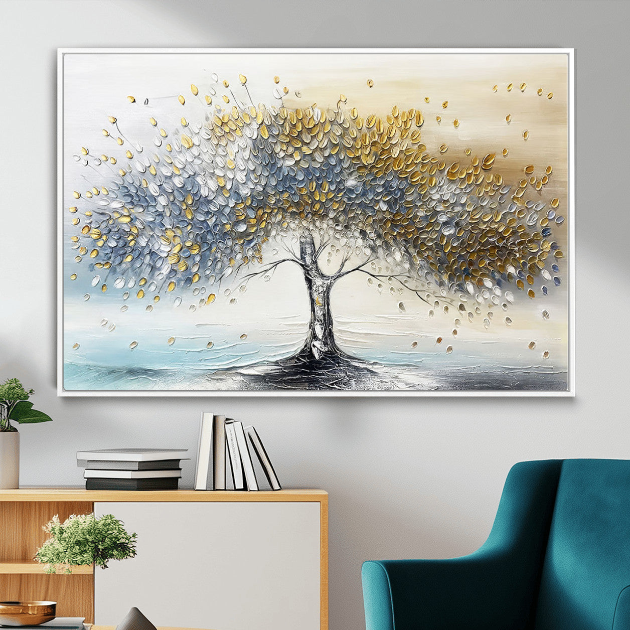 MGV-FC-36X24 - Golden & Silver Tree of Life Wall Art – Canvas Print with Whimsical Leaves Elegant Nature Design, Decorative Home, Office or Guest Room Decor