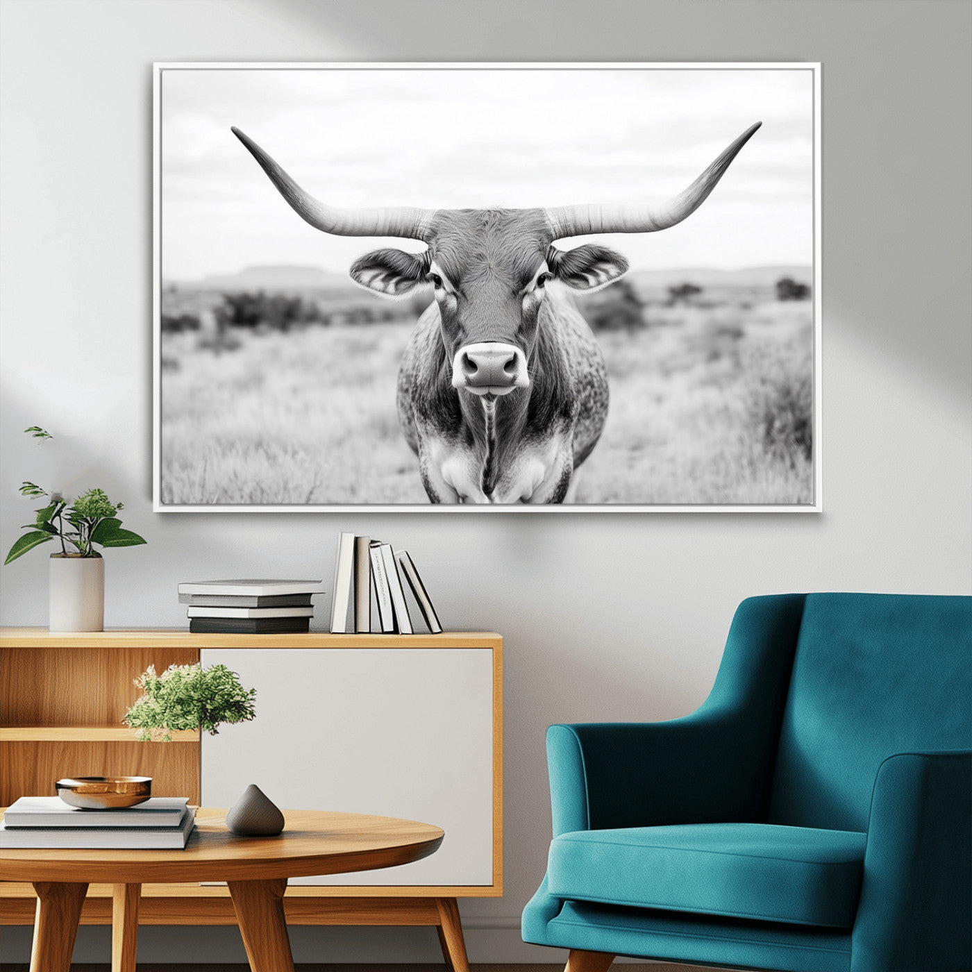 MGV-FC-36X24 - Highland Cow Wall Art Print - Black and White Texas Western Longhorn Canvas - Farmhouse Decor Print