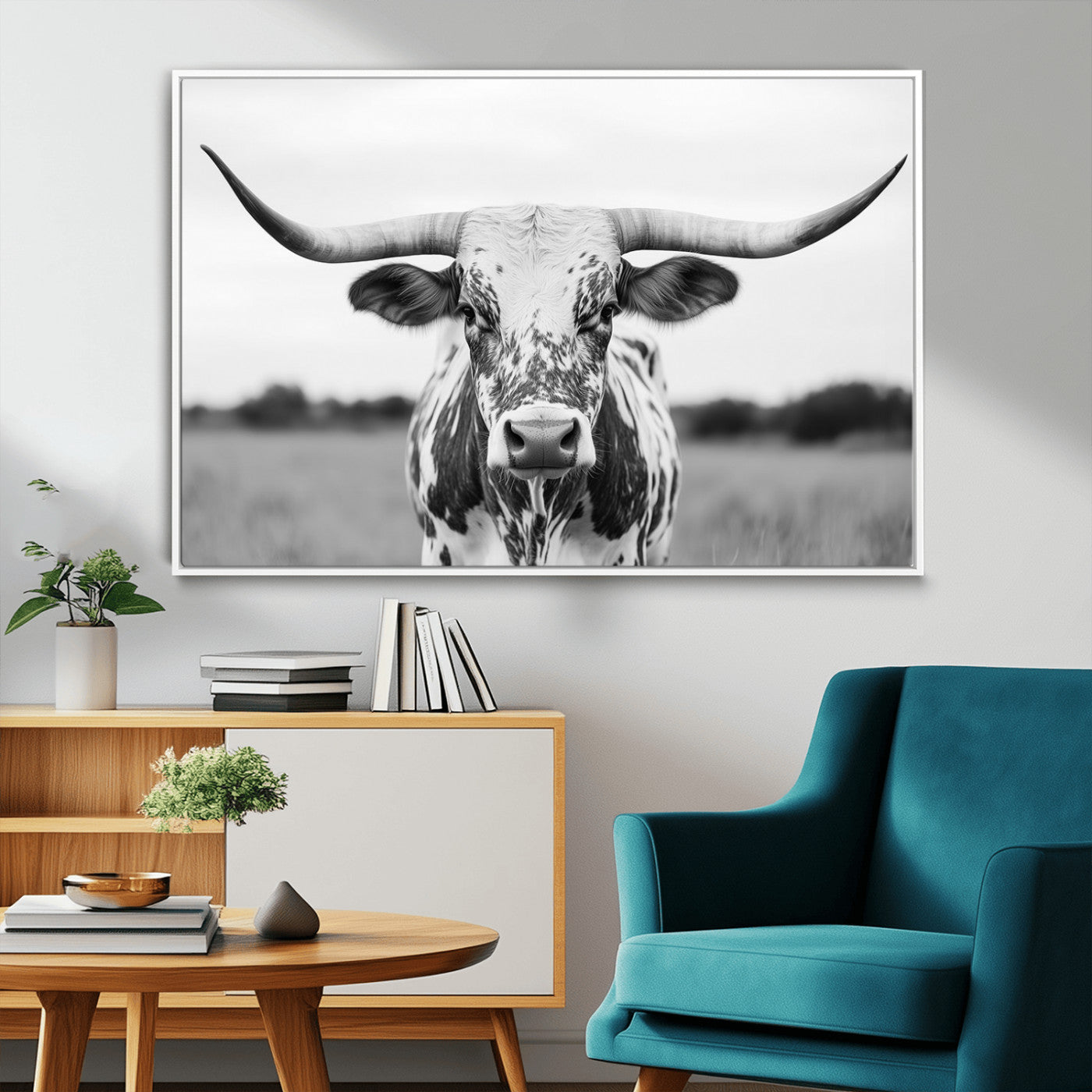 MGV-FC-36X24 - Highland Cow Wall Art - Black and White Western Longhorn Canvas Print - Farmhouse Living Room Decor