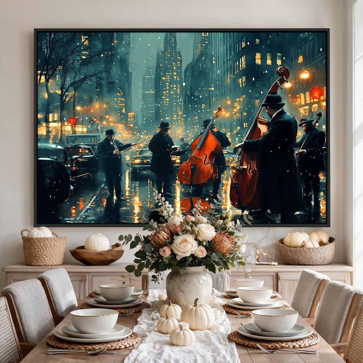 53391-MGV-CV-24X16 - Urban Night Jazz Wall Art Canvas Print | Moody Rain Soaked City Street Band Scene