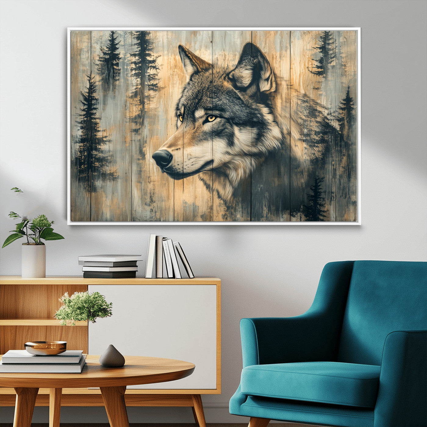 MGV-FC-36X24 - Wood Style Rustic Wolf Wall Art Canvas Print, Vintage Woodland Wolf Wall Art, Framed Wood Style Wolf