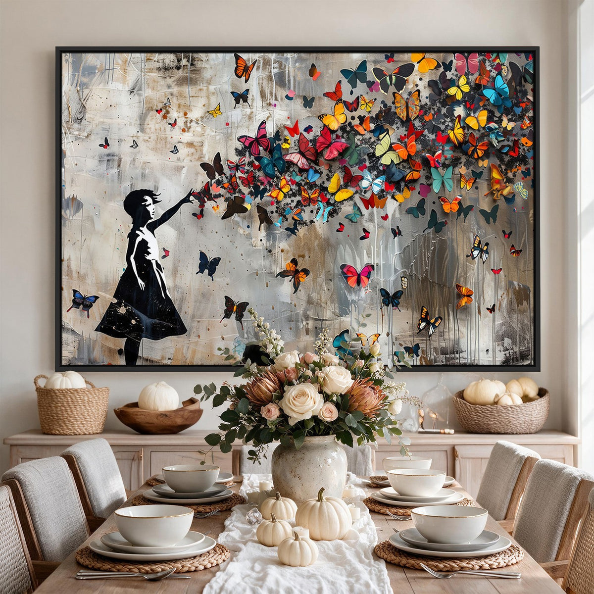 51446D-MGV-CV-24X16 - Banksy Butterfly Girl Wall Art | Modern Graffiti Canvas Print, Street Art Decor