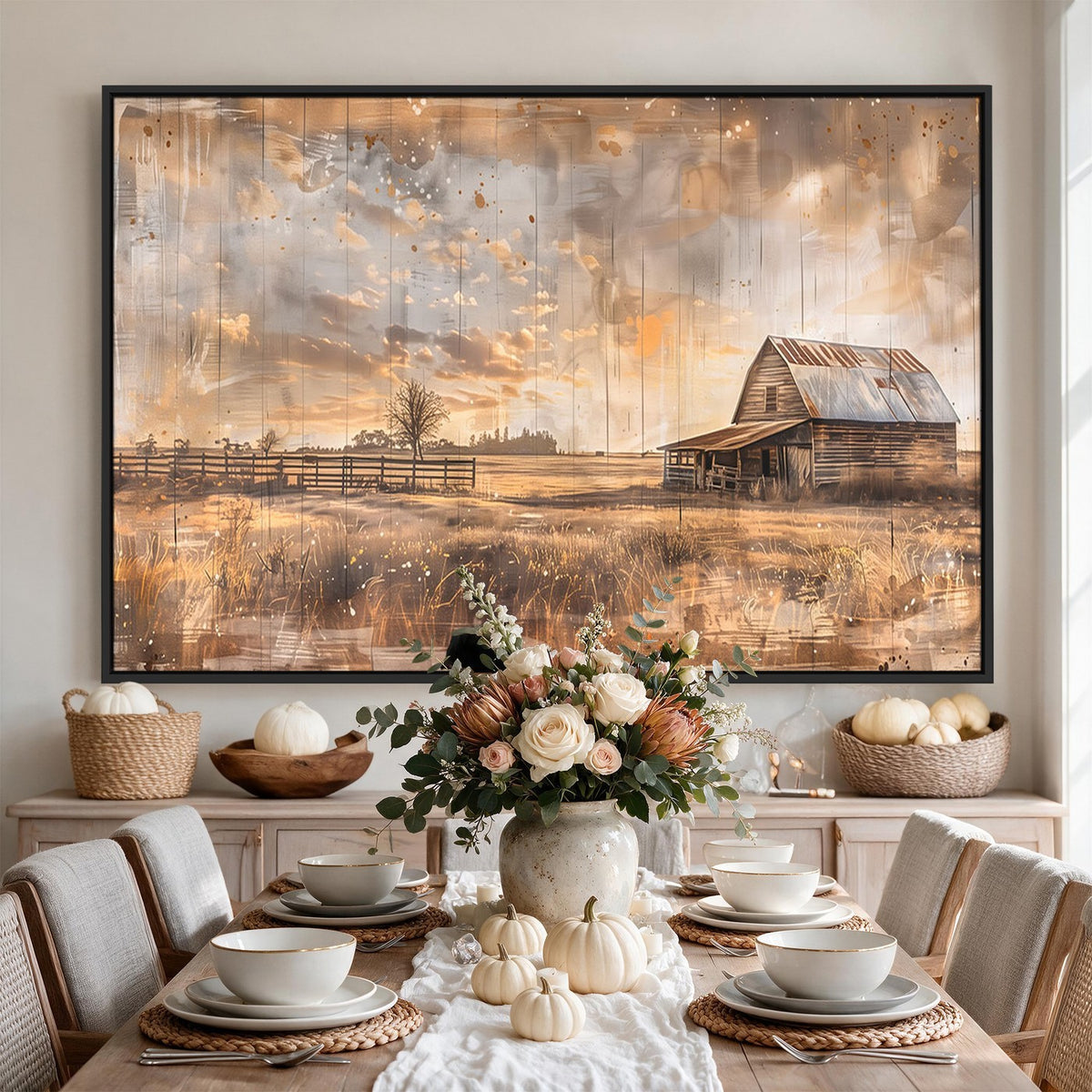 FARM2-MGV-CV-24X16 - Rustic Farmhouse Wall Art Canvas Print | Barn and Field Vintage Country Landscape