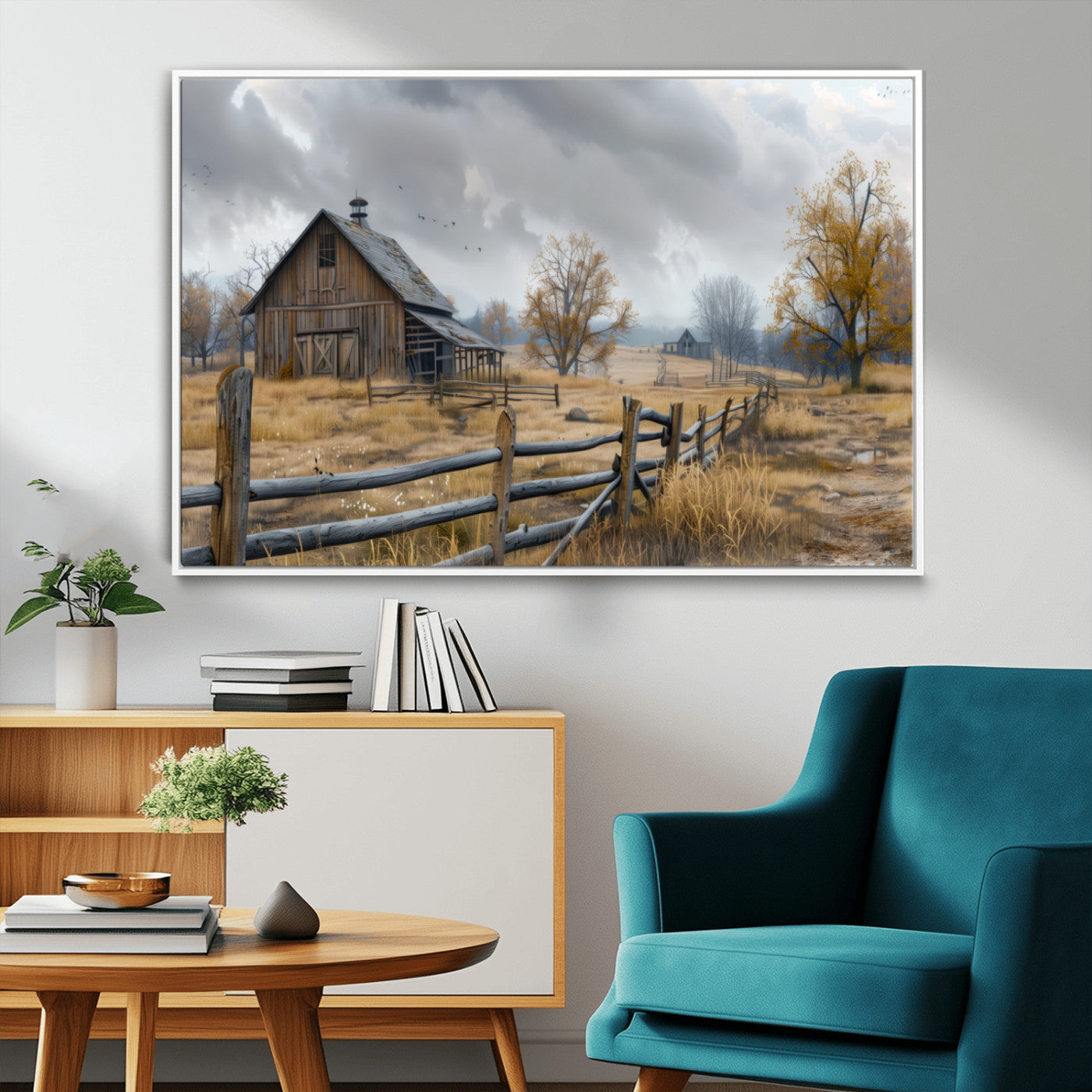 MGV-FC-36X24 - Rustic Autumn Farmhouse Wall Art Canvas Print – Serene Countryside Scene with Weathered Barn and