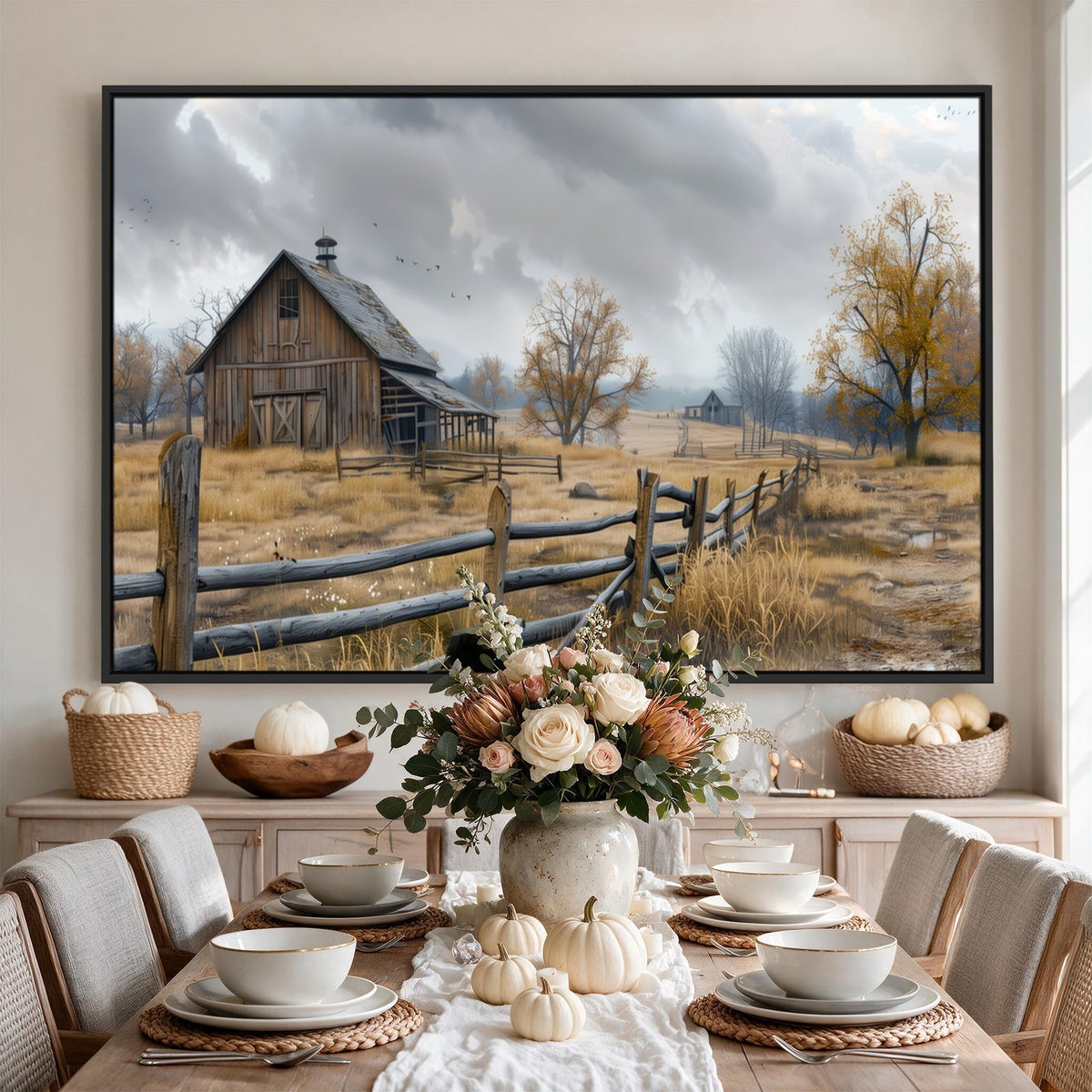 Farm1-MGV-CV-24X16 - Rustic Autumn Farmhouse Wall Art Canvas Print | Serene Countryside with Weathered Barn
