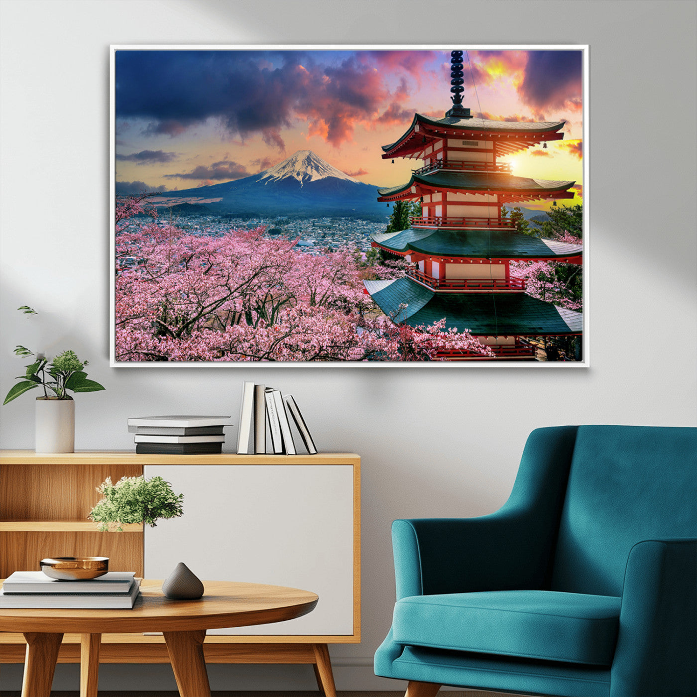 MGV-FC-36X24 - Mount Fuji & Cherry Blossom Wall Art Canvas Print – Iconic Japanese Landscape, Sakura Pagoda Sunset,