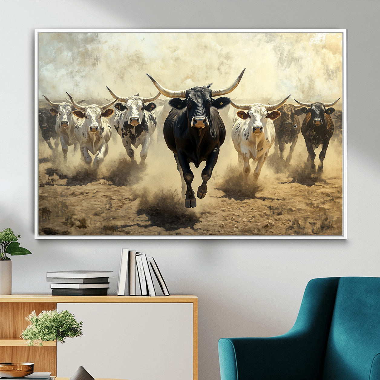 MGV-FC-36X24 - Running Cattle Wall Art – Canvas Print of Western Herd, Dust Stampede, Longhorns, Wild West Ranch, Bold Rustic Farm Decor for Home or Office