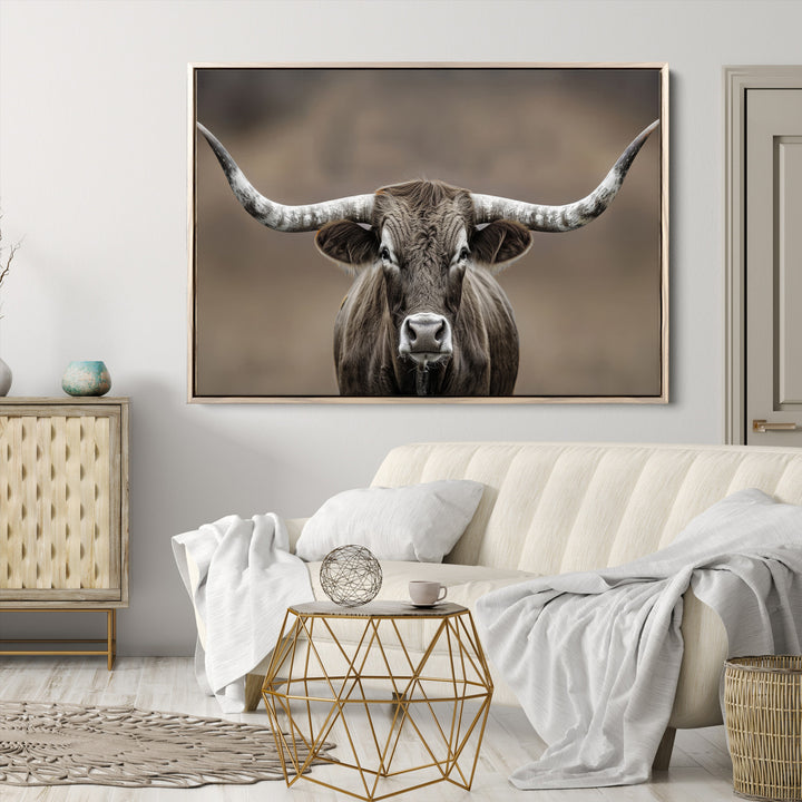 The Framed Texas Longhorn Bull Art Canvas Print adds timeless elegance to the serene setting.