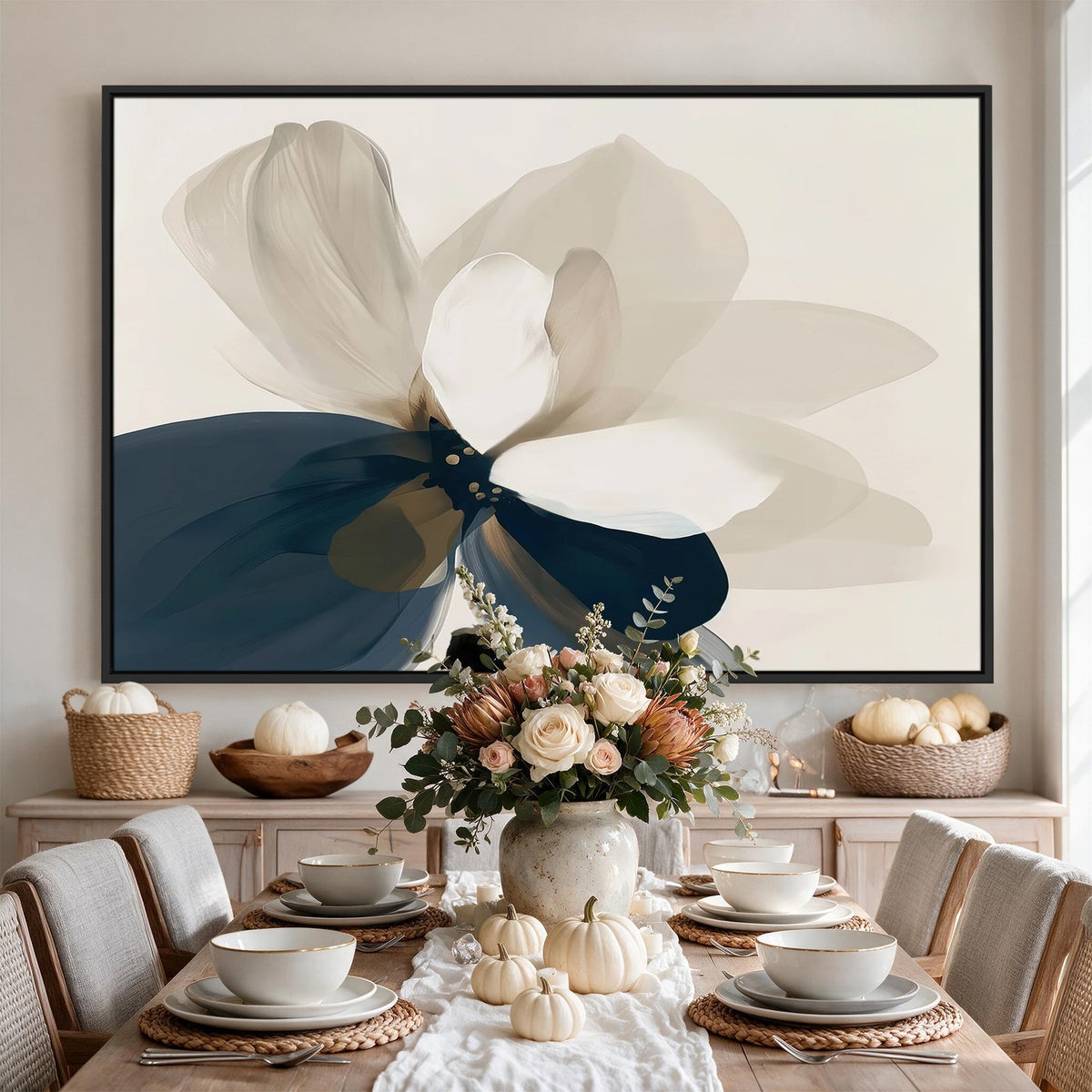 42188901-MGV-CV-24X16 - Minimal Flower Wall Art Canvas Print | Framed Beige and Navy Bloom