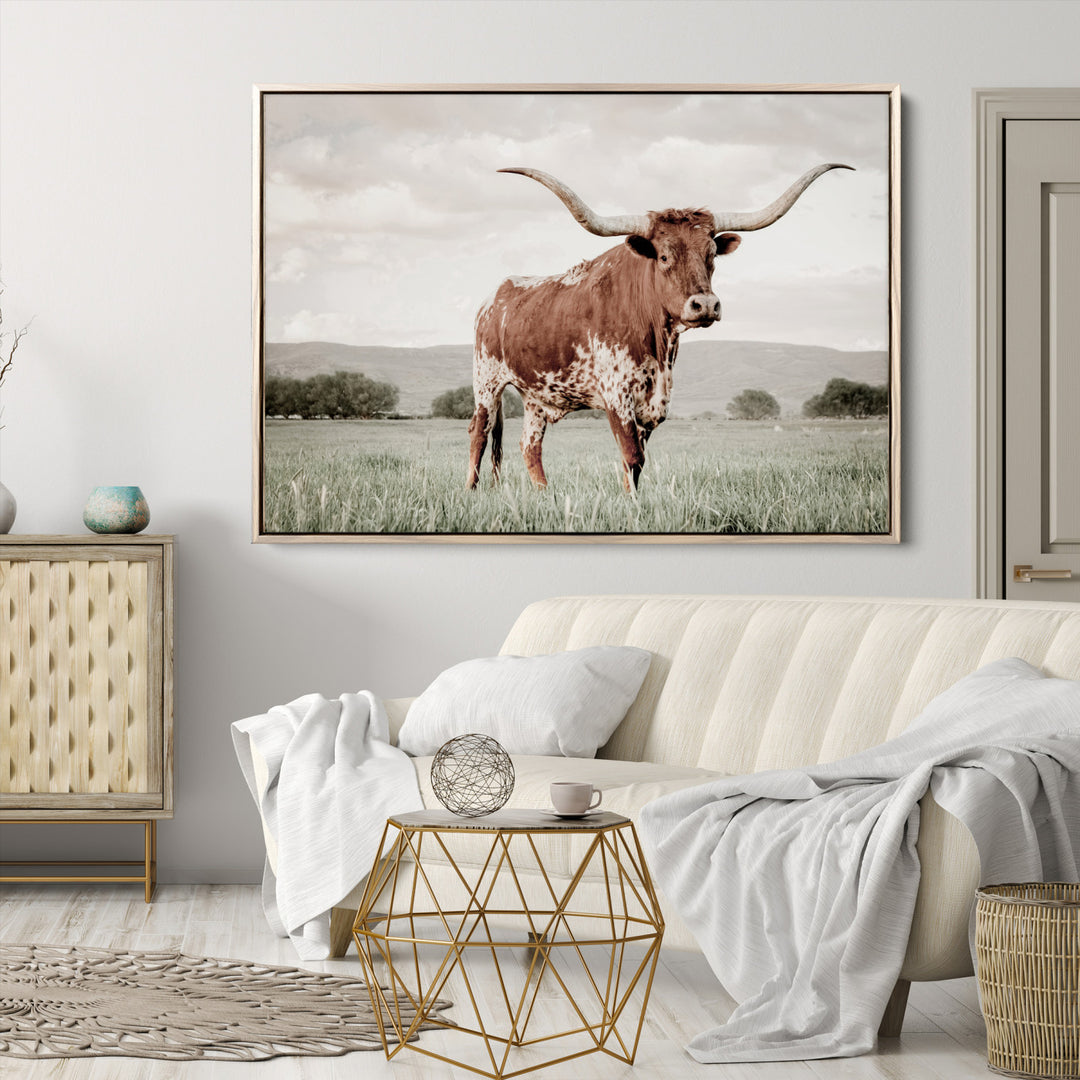 Texas Longhorn Wall Art Canvas Print, Framed Spotted Cattle Art Picture Print, Horned Bull Perfect Rustic Western Decor Artwork