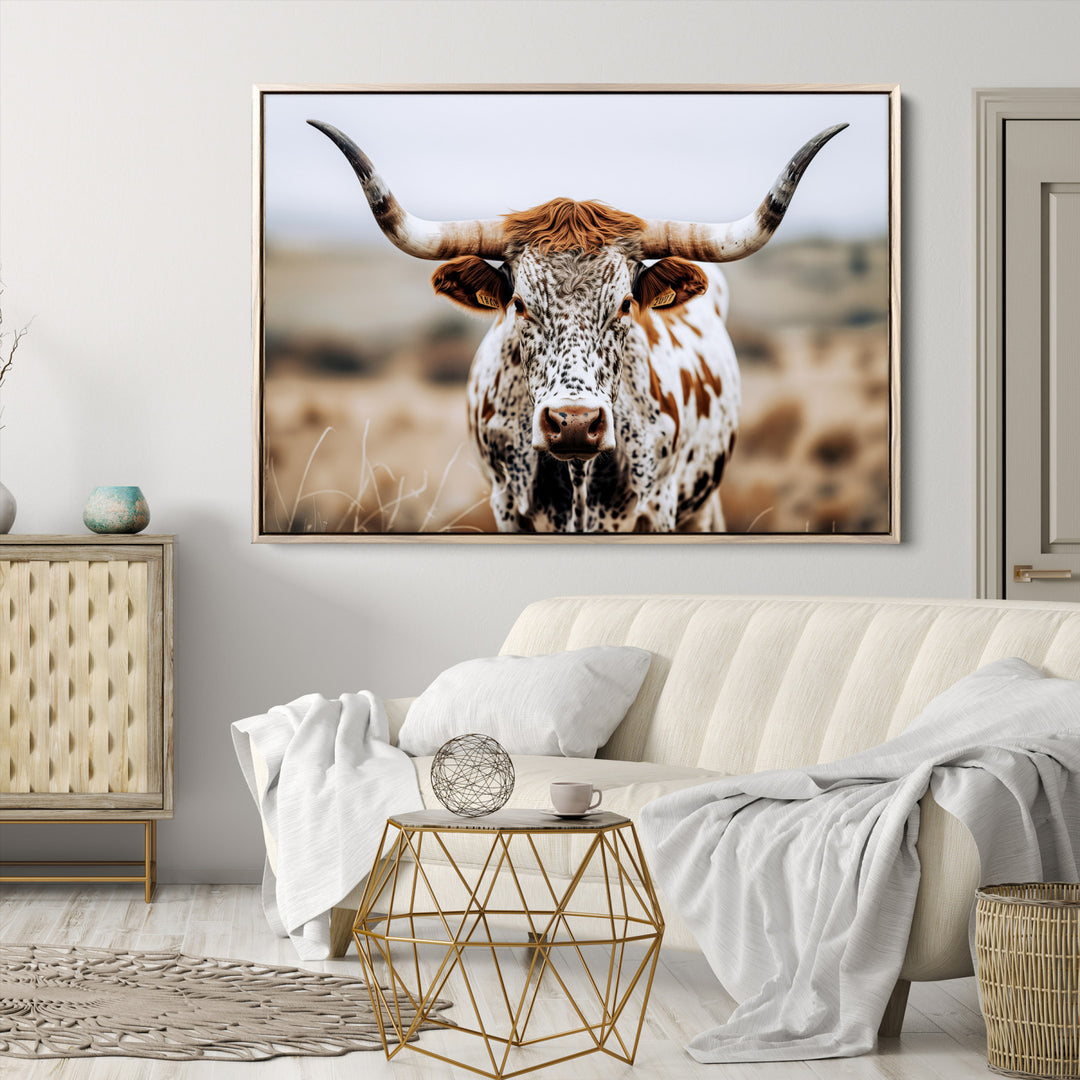Texas Longhorn Wall Art Canvas Print, Framed Spotted Cow Art Picture Print, Horned Cattle Perfect Rustic Western Decor Artwork