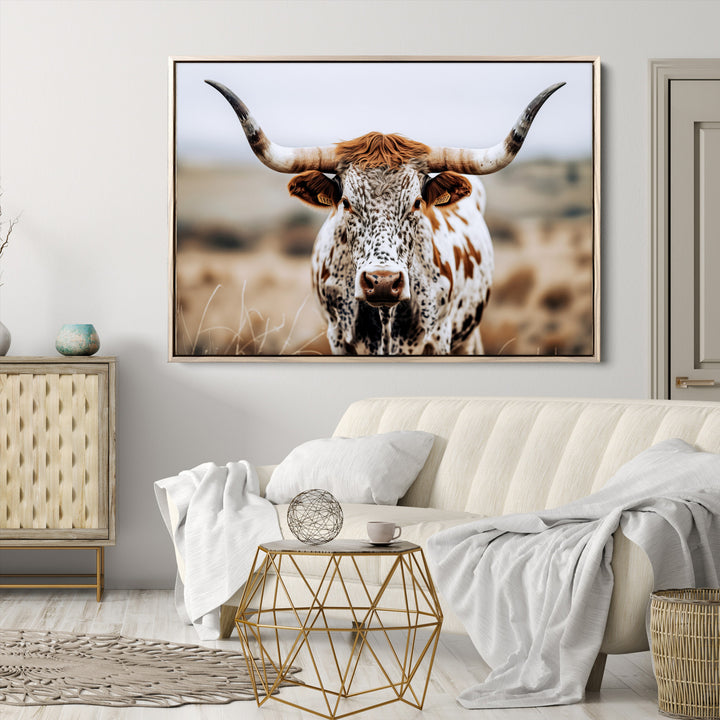 Texas Longhorn Wall Art Canvas Print, Framed Spotted Cow Art Picture Print, Horned Cattle Perfect Rustic Western Decor Artwork