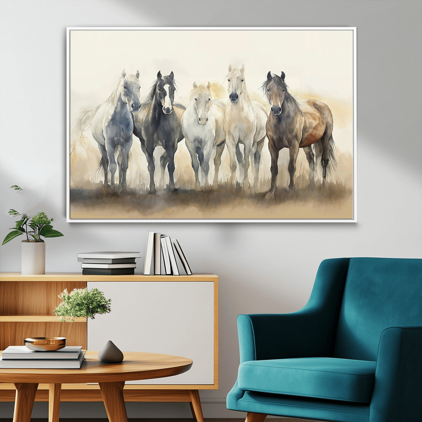 MGV-FC-36X24 - Wild Horses Wall Art Canvas Print, Framed Running Horses Art Picture Print, Watercolor Horses Perfect Rustic Western Decor Artwork