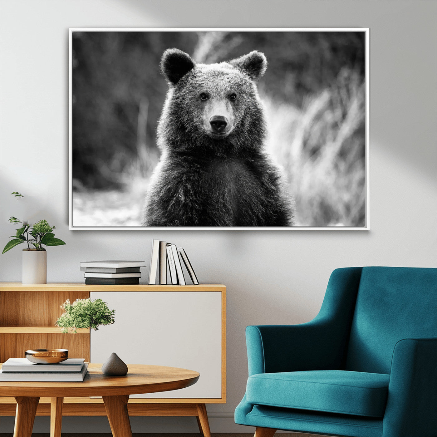 MGV-FC-36X24 - Grizzly Bear Wall Art Canvas Print, Framed Black White Bear Art Picture Print, Wild Bear Perfect Rustic Wildlife Decor Artwork