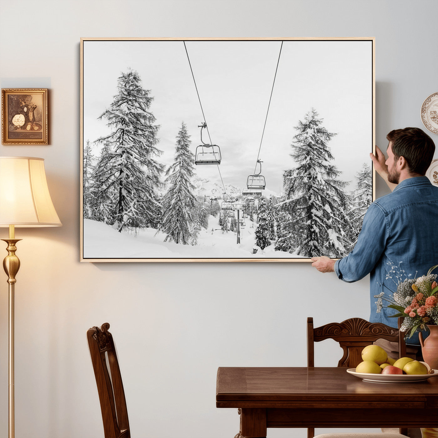 55003599-MGV-CV-36X24 - Snowy Ski Lift Wall Art – Framed Winter Forest Canvas Artwork, Peaceful Mountain Design, Modern Nature Decor for Home, Office