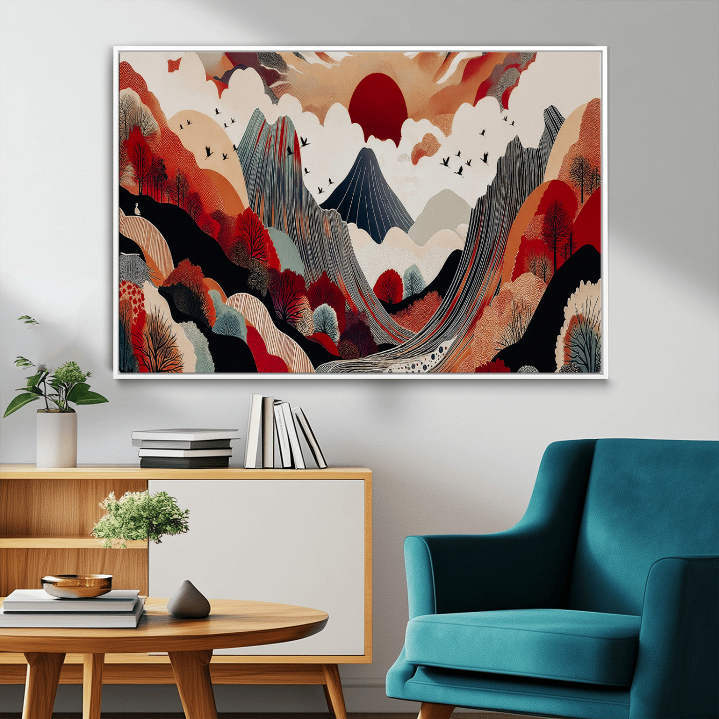 MGV-FC-36X24 - Abstract Mountain Wall Art Canvas Print, Framed Vibrant Landscape Art Picture Print, Stylized Nature Drawing Perfect Contemporary Minimalist Decor Artwork
