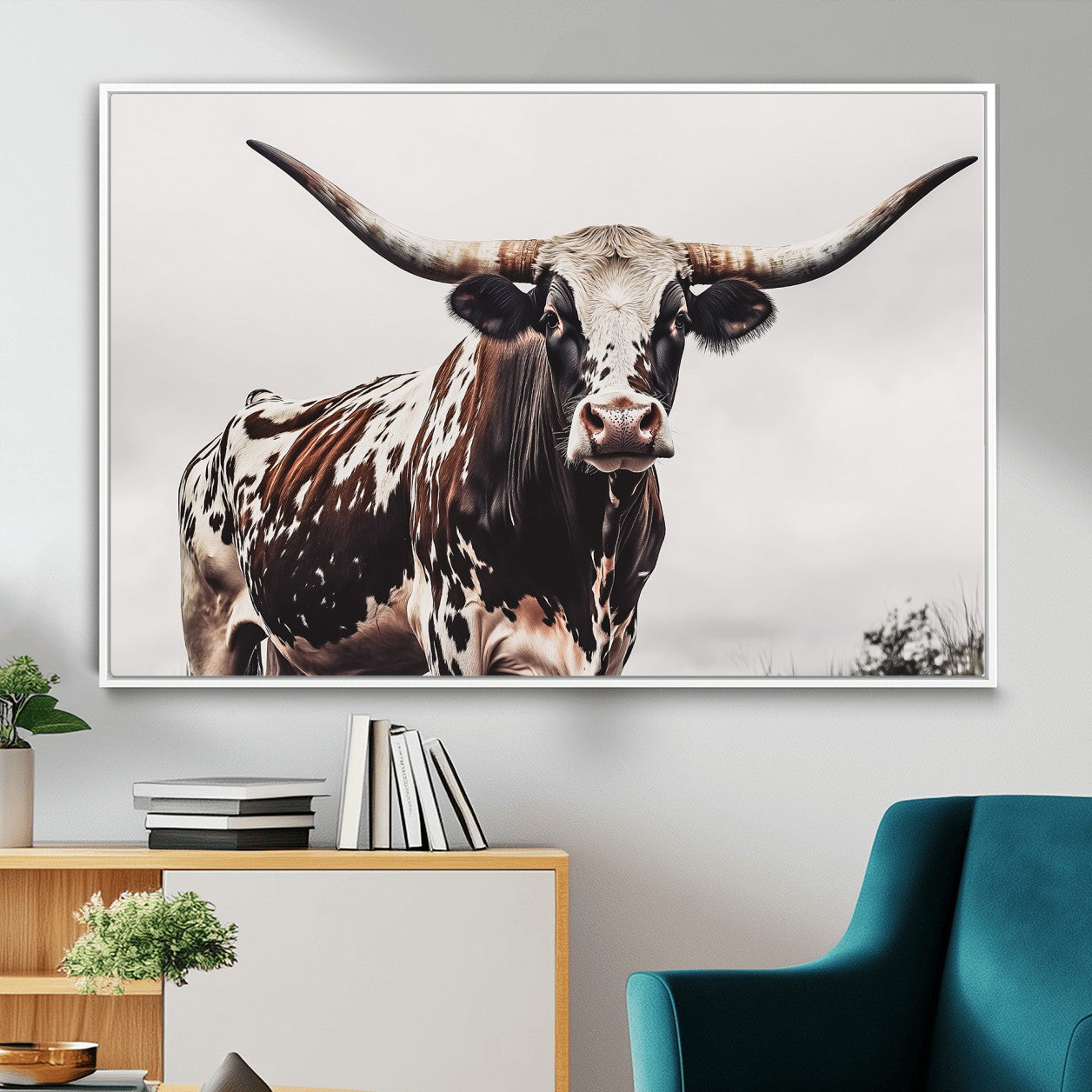 MGV-FC-36X24 - Texas Longhorn Wall Art Canvas Print, Framed Spotted Bull Art Picture Print, Horned Cattle Perfect Rustic Farmhouse Decor Artwork