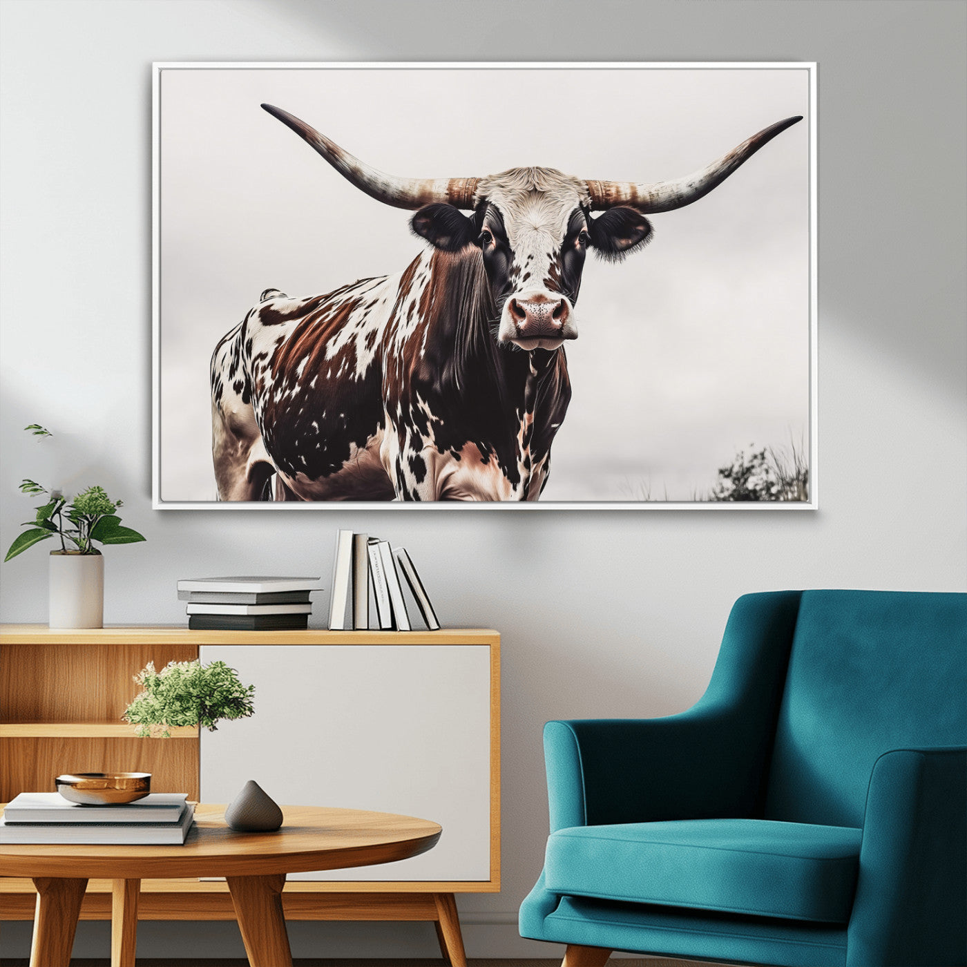 MGV-FC-36X24 - Texas Longhorn Wall Art Canvas Print, Framed Spotted Bull Art Picture Print, Horned Cattle Perfect Rustic Farmhouse Decor Artwork