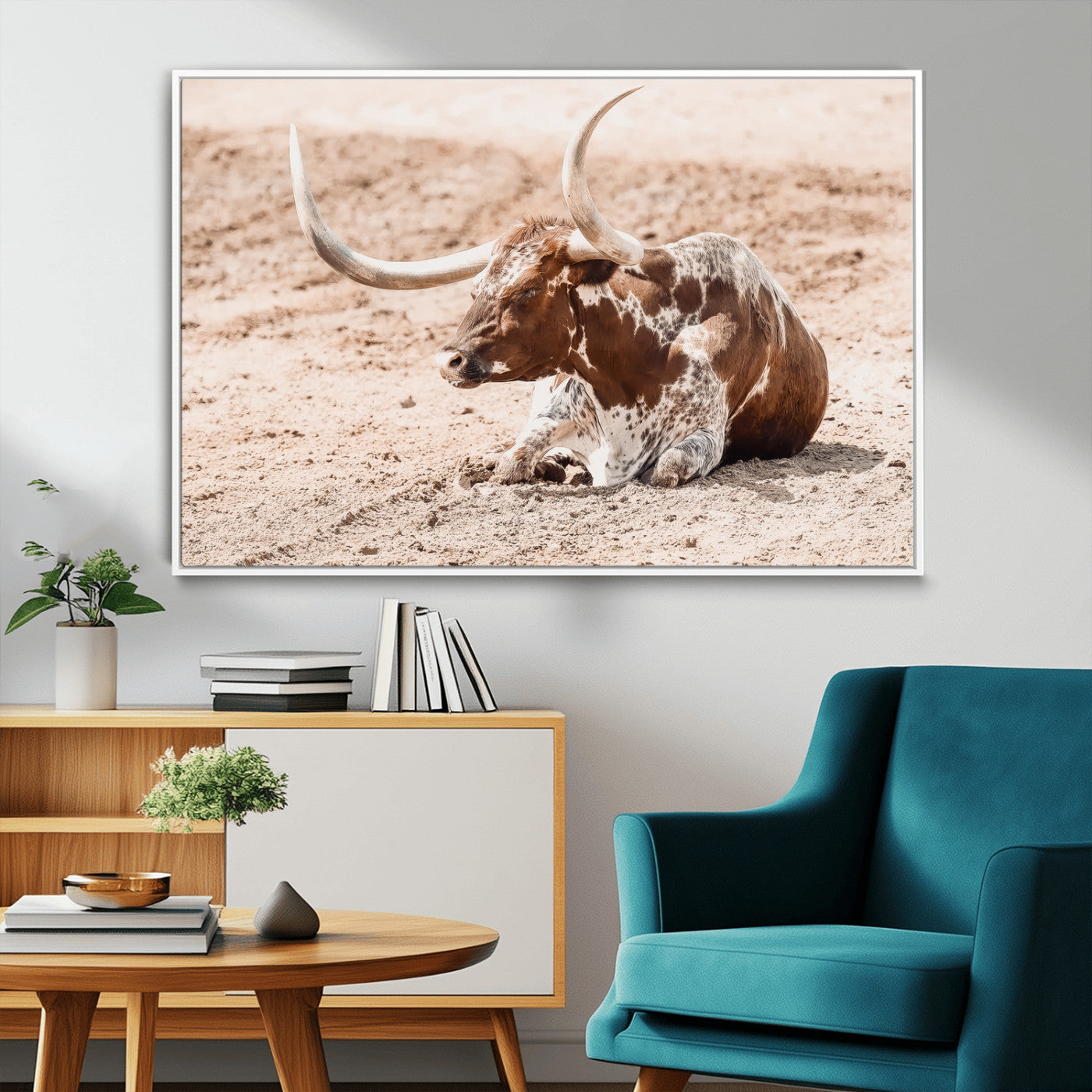 MGV-FC-36X24 - Texas Longhorn Wall Art Canvas Print, Framed Resting Bull Art Picture Print, Spotted Cattle Perfect Rustic Western Decor Artwork