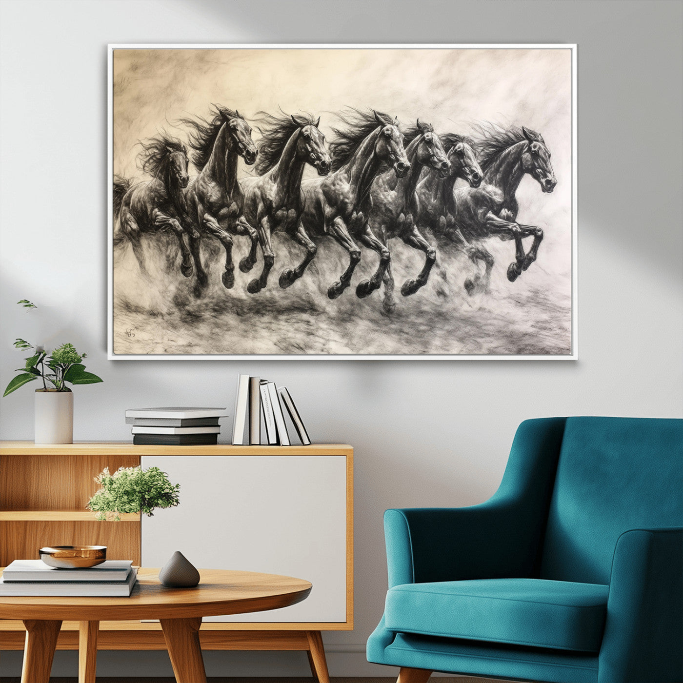 MGV-FC-36X24 - Galloping Horses Wall Art Canvas Print, Framed Wild Stallions Art Picture Print, Horse Herd Sketch Perfect Monochrome Dynamic Decor Artwork