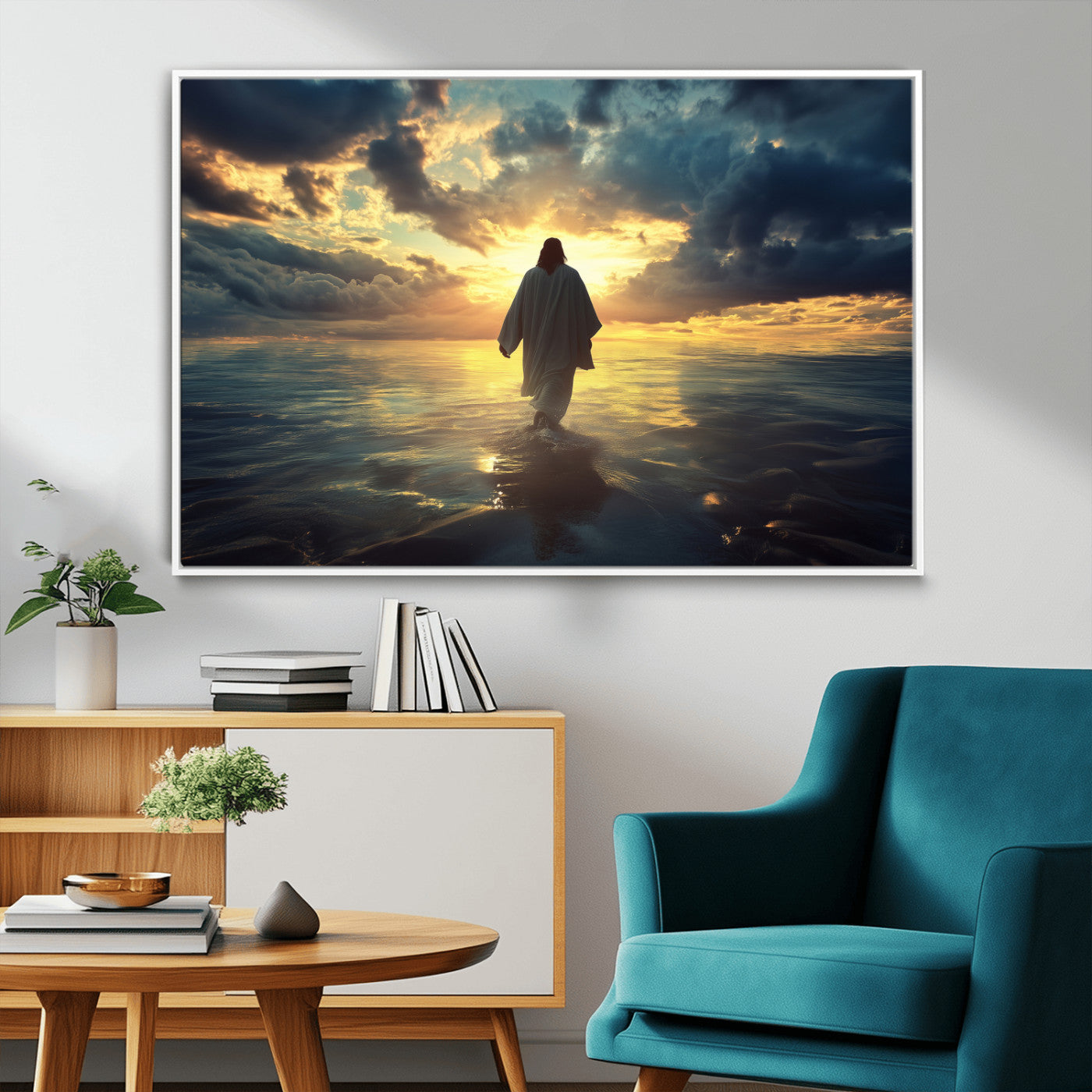 MGV-FC-36X24 - Jesus Walks Wall Art Canvas Print, Framed Divine Sunset Art Picture Print, Spiritual Light Perfect Spiritual Tranquil Decor Artwork