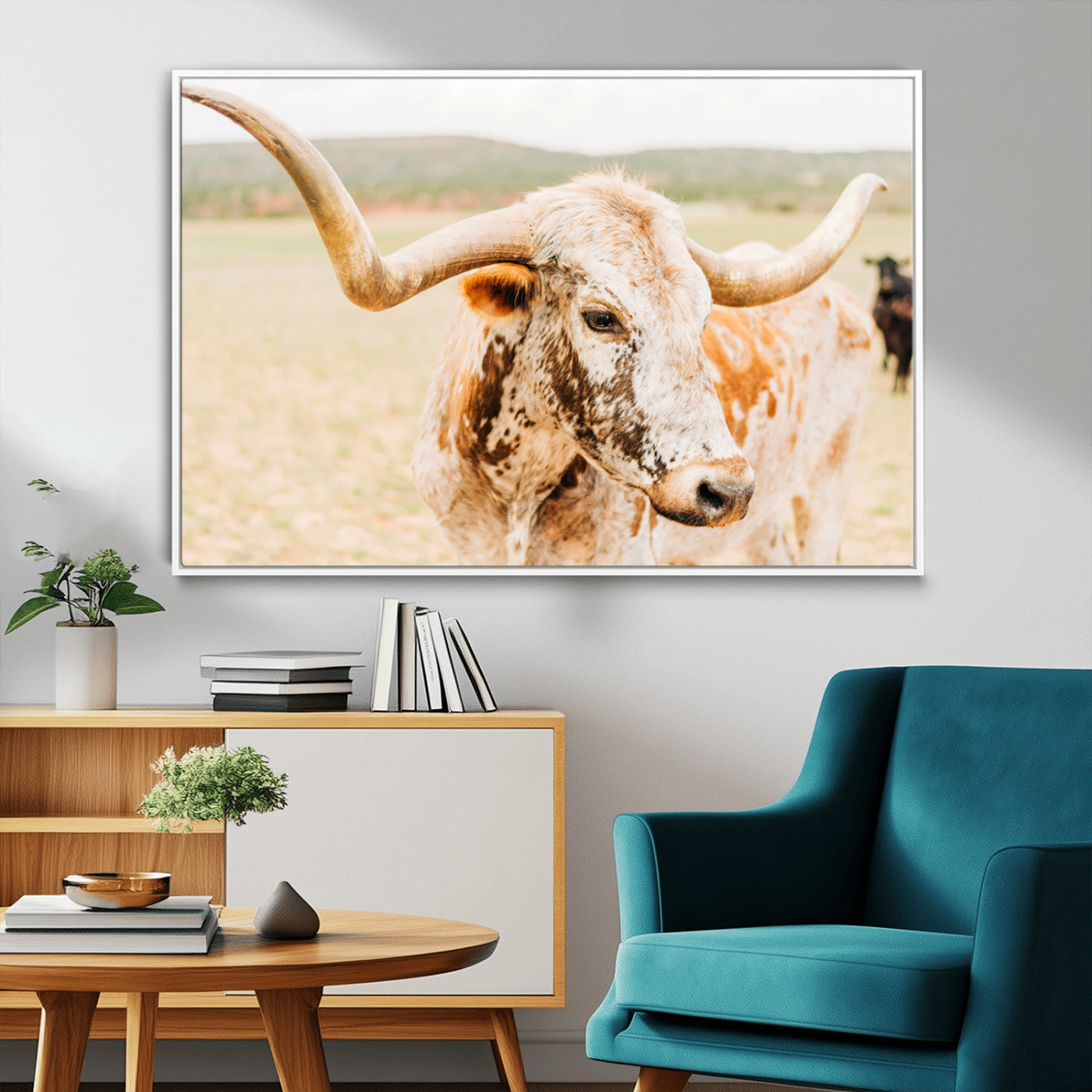 MGV-FC-36X24 - Texas Longhorn Wall Art Canvas Print, Framed Speckled Cow Art Picture Print, Rustic Bull Perfect Rustic Western Decor Artwork