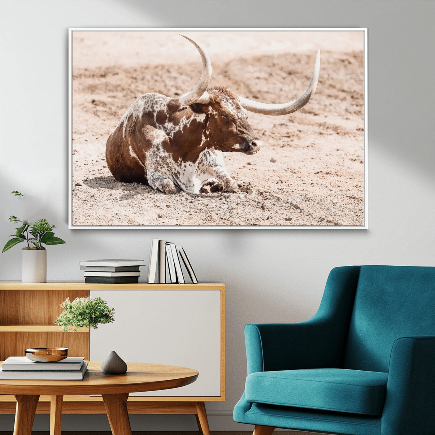 MGV-FC-36X24 - Texas Longhorn Wall Art Canvas Print, Framed Resting Bull Art Picture Print, Spotted Cattle Perfect Rustic Western Decor Artwork