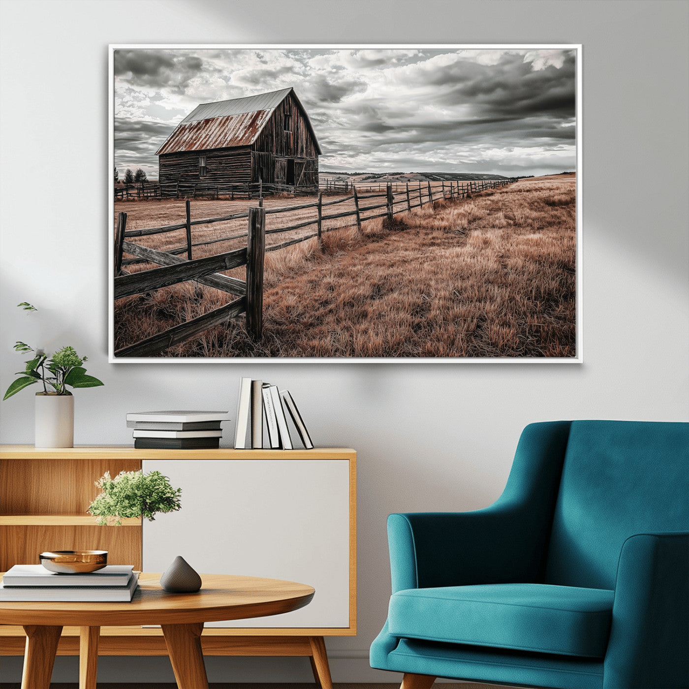 MGV-FC-36X24 - Rustic Barn Wall Art Canvas Print, Framed Moody Field Art Picture Print, Weathered Fence Perfect Moody Farmhouse Decor Artwork