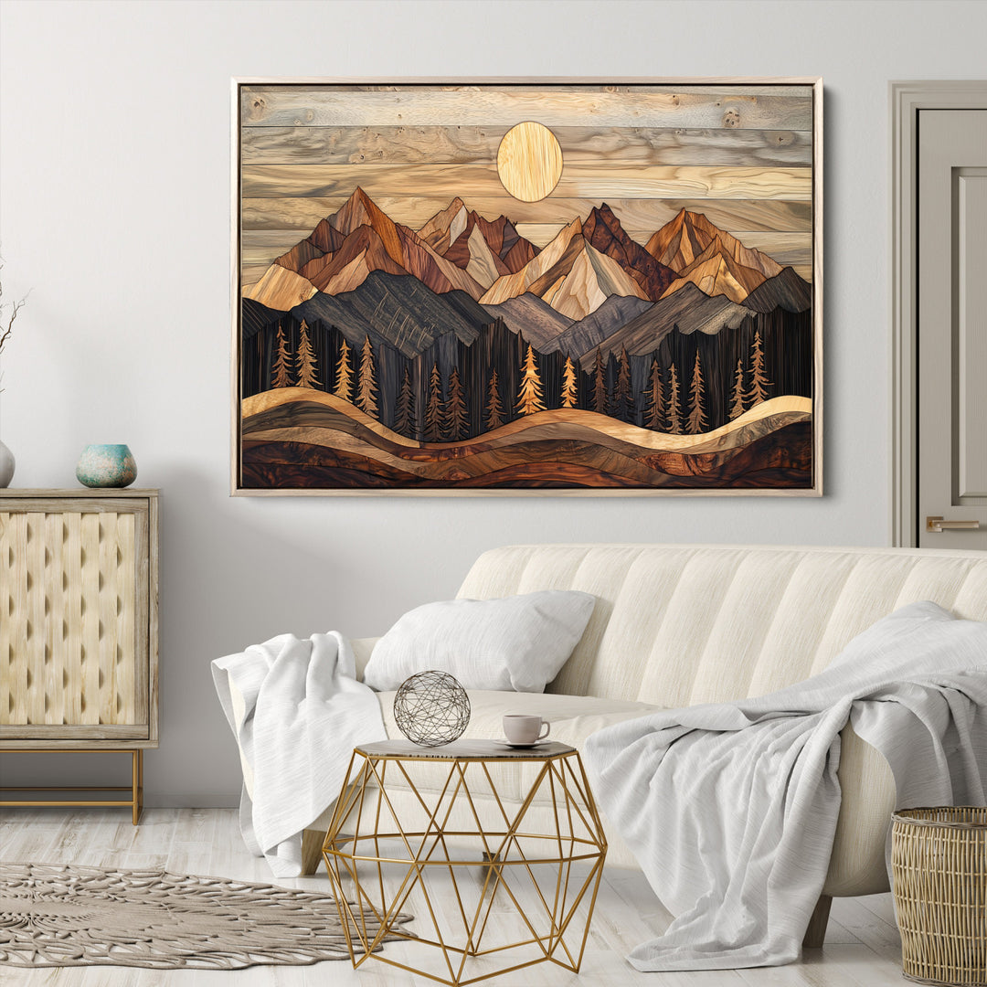 Wood Mountain Wall Art Canvas Print, Framed Boho Wood Art Print, Abstract Woodland Farmhouse Decor