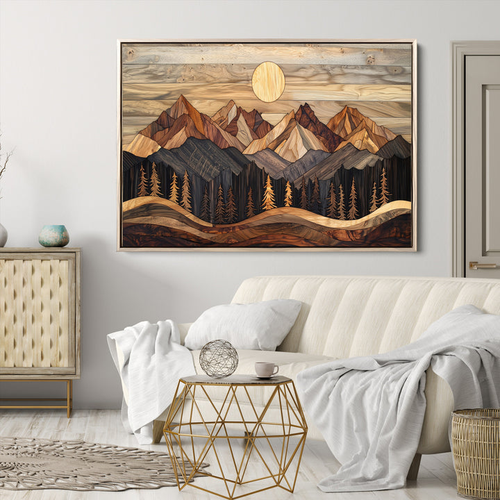 Wood Mountain Wall Art Canvas Print, Framed Boho Wood Art Print, Abstract Woodland Farmhouse Decor