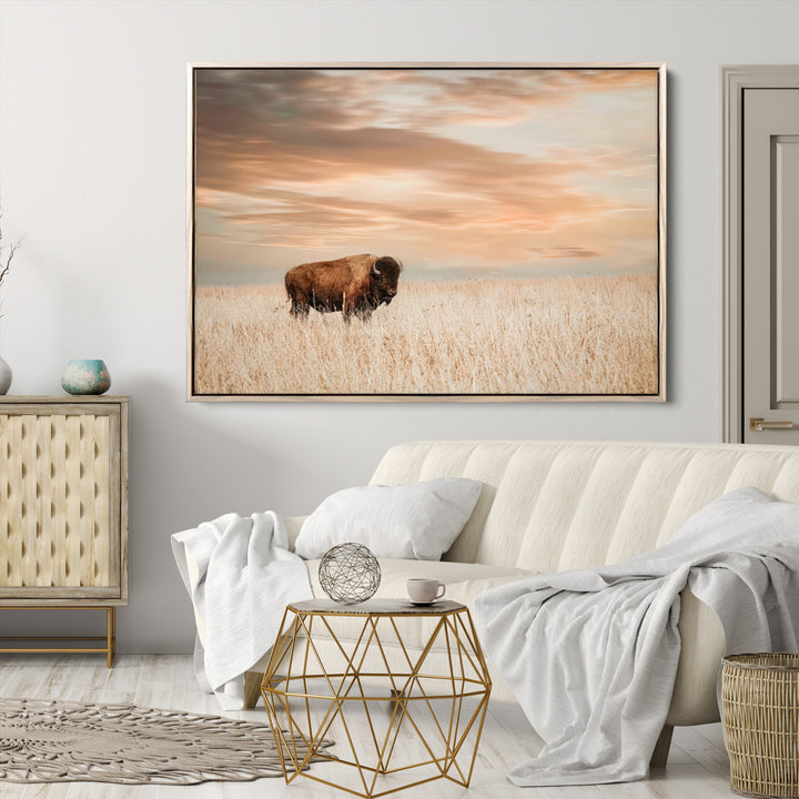 Bison Wall Art Canvas Print, Buffalo Print, Framed Western Prairie Art Print, Large Rustic Wildlife Printing Perfect for Rustic Decor