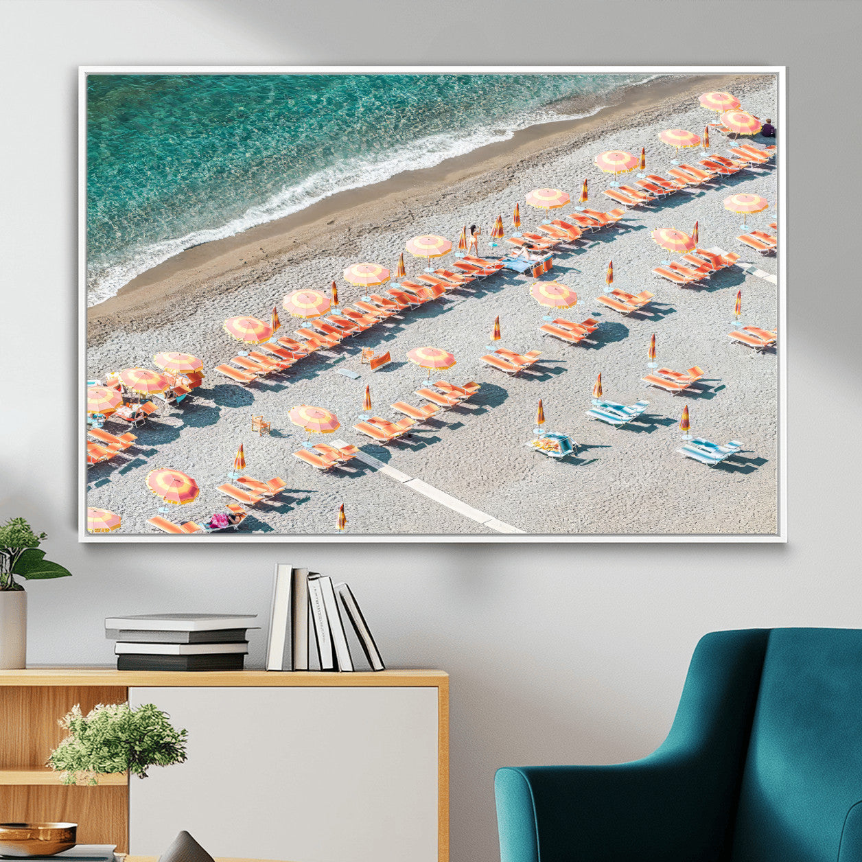 27805351-MGV-CV-36X24 - Beach Umbrellas Wall Art – Orange Loungers & Turquoise Water Canvas Print, Sandy Shore and Summer Vibes