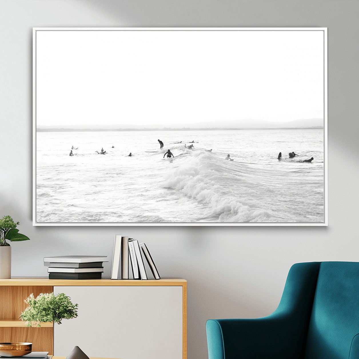 33449548-MGV-CV-36X24 - Surf Crowd Motion Wall Art – Active Surfers & Ocean Waves Canvas Print, Dynamic Water and Coastal Horizon for Living Room or Sea Adventure Decor