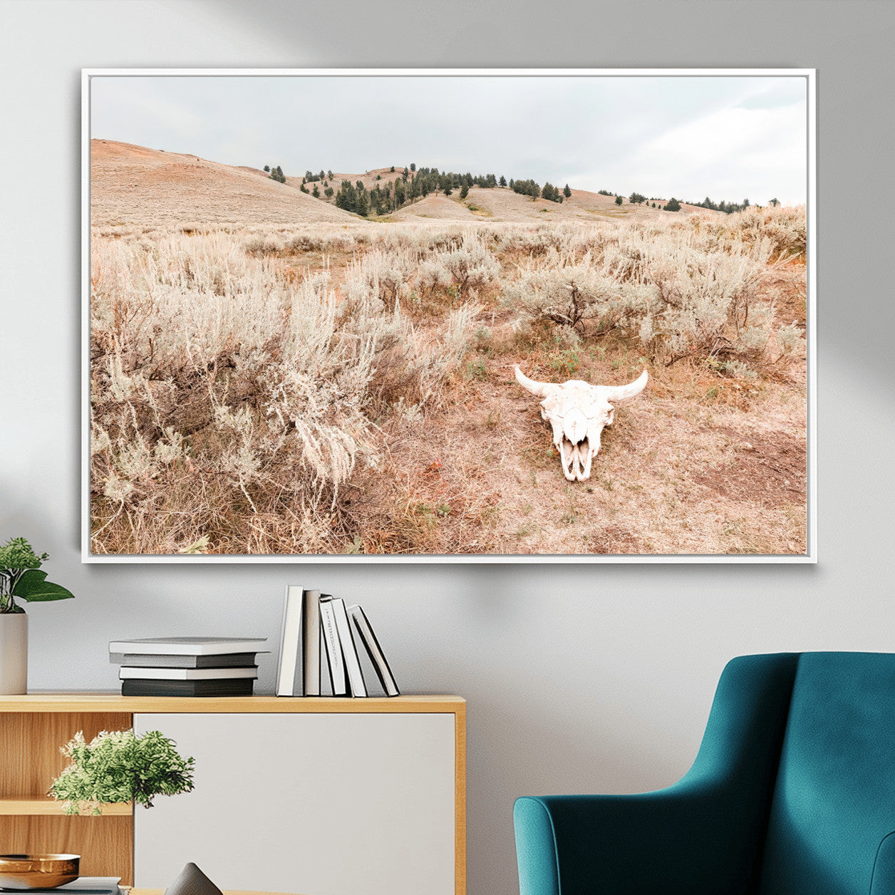 97234735-MGV-CV-36X24 - Desert Skull Wall Art – Arid Landscape & Sagebrush Canvas Print, Rustic Nature and Earth Tones for Living Room or Minimalist Decor