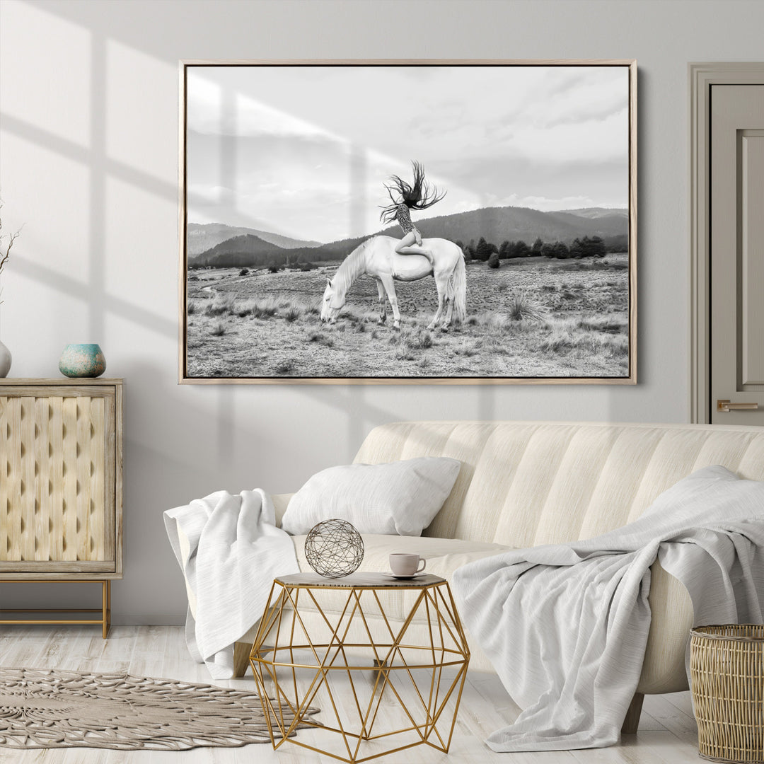 White Horse Wall Art Canvas Print, Woman Rider Print, Framed Equestrian Pose Art Print, Large Grazing Horse Printing Western Boho