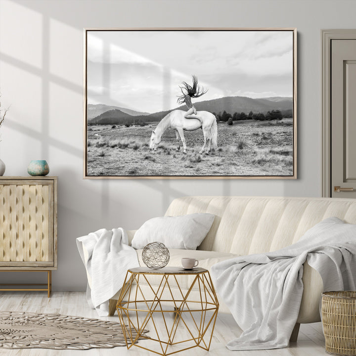 White Horse Wall Art Canvas Print, Woman Rider Print, Framed Equestrian Pose Art Print, Large Grazing Horse Printing Western Boho