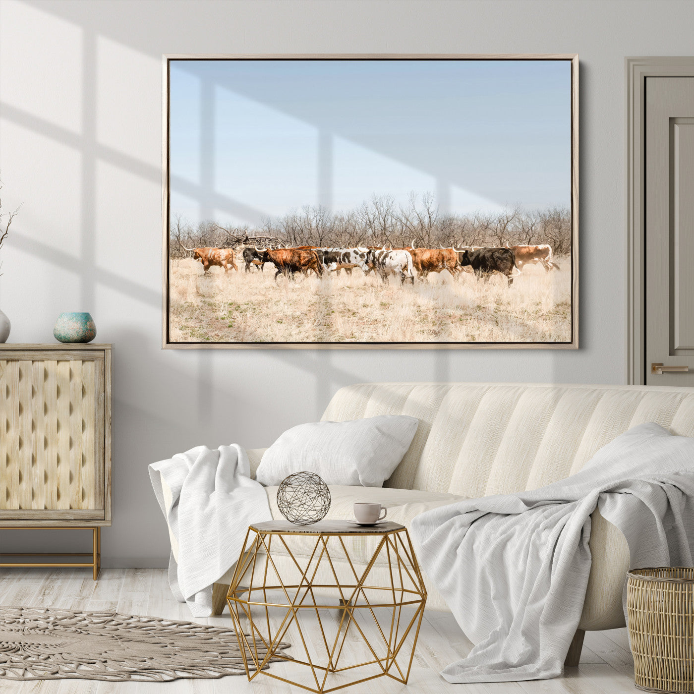 Texas Longhorns Wall Art Canvas Print, Western Cattles Print Wall Art, Framed Rustic Herd Art Print, Large Country Cows Printing Rustic