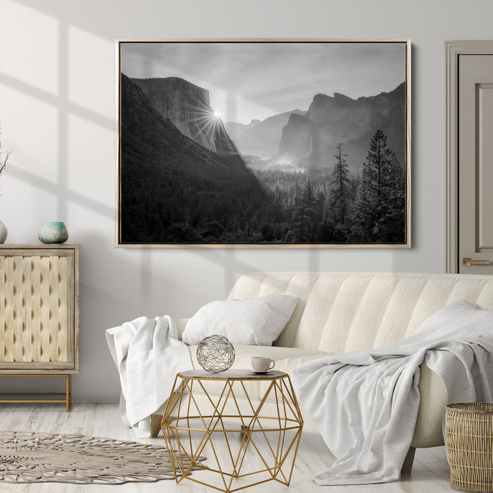 Yosemite Valley Wall Art Canvas Print, Framed El Capitan Sunrise Print, Framed Misty Mountain Art Print, Large Monochrome Valley Printing