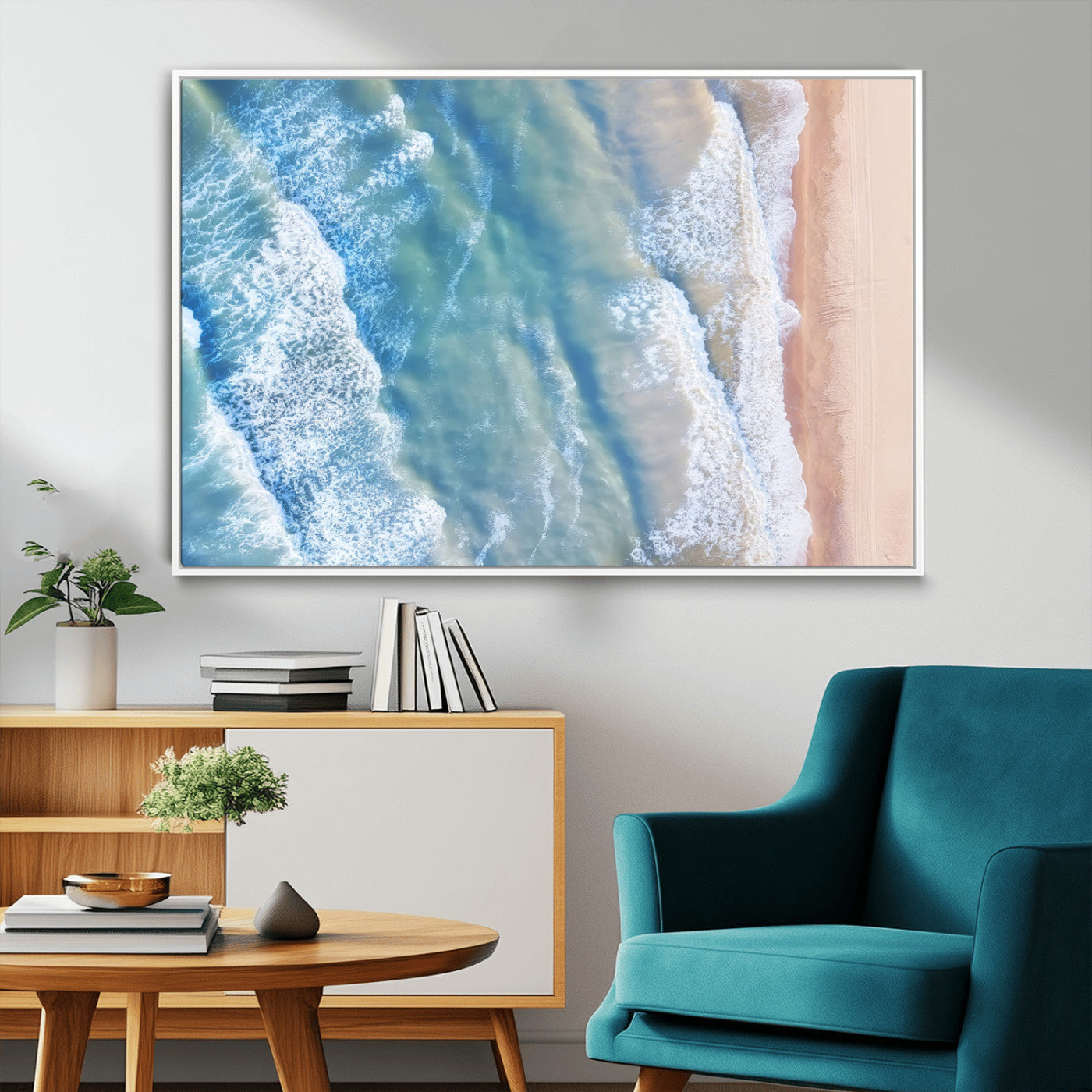 MGV-FC-36X24 - Aerial Ocean View Wall Art Canvas Print, Framed Soft Blue Waves Art Picture Print, Sandy Shoreline Perfect Modern Coastal Decor Artwork