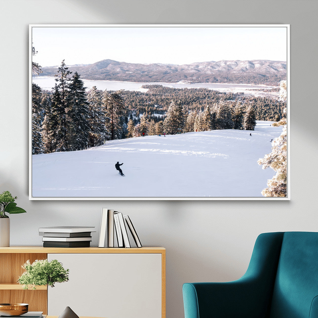 79857868-MGV-CV-36X24 - Snowboarder Wall Art – Winter Slope Canvas Print, Pine Forest, Snow-Covered Mountains, Outdoor Adventure for Living Room or Cabin Decor