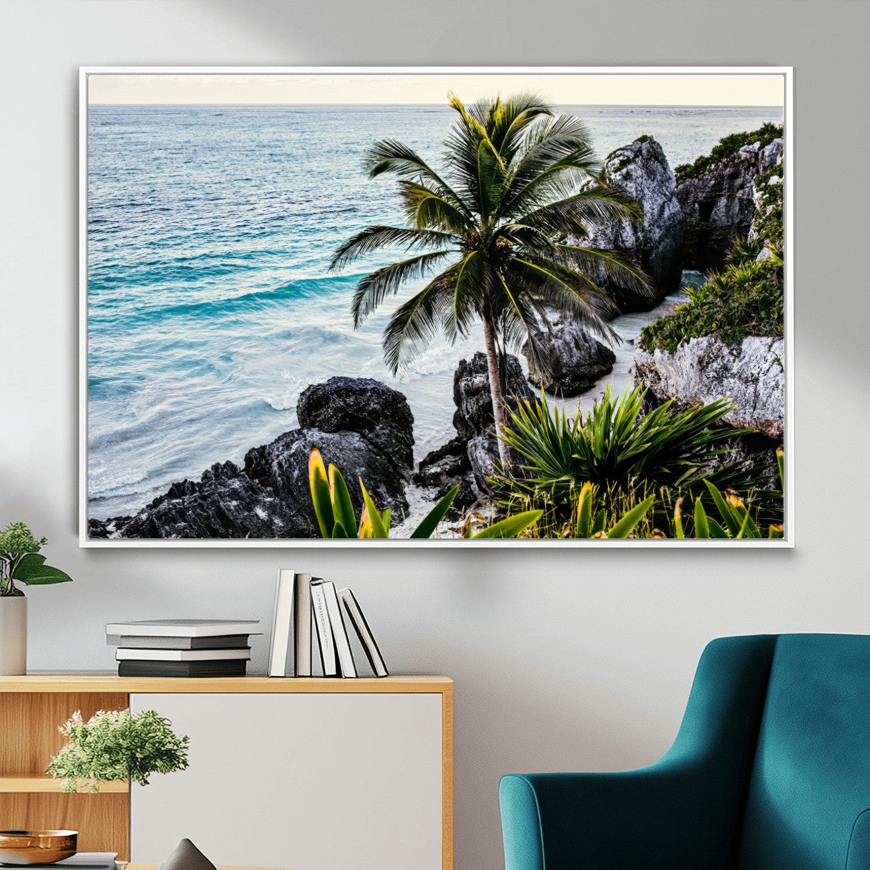 94669907-MGV-CV-36X24 - Tropical Palm Wall Art – Coastal Rocks Canvas Print, Ocean Breeze, Sandy Shore, Vibrant Green Foliage for Living Room or Beach House Decor