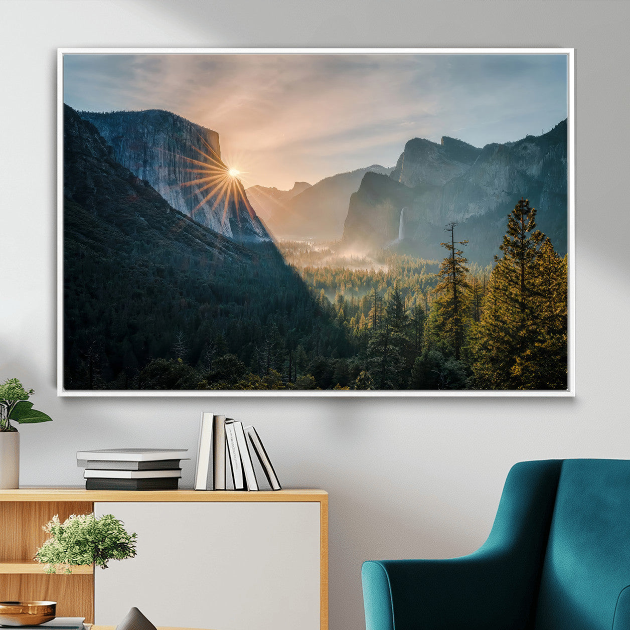 51605481-MGV-CV-36X24 - Yosemite Valley Wall Art – Misty Forest Peaks Canvas Print, Radiant Light, Tranquil Nature Landscape for Living Room or Cabin Decor