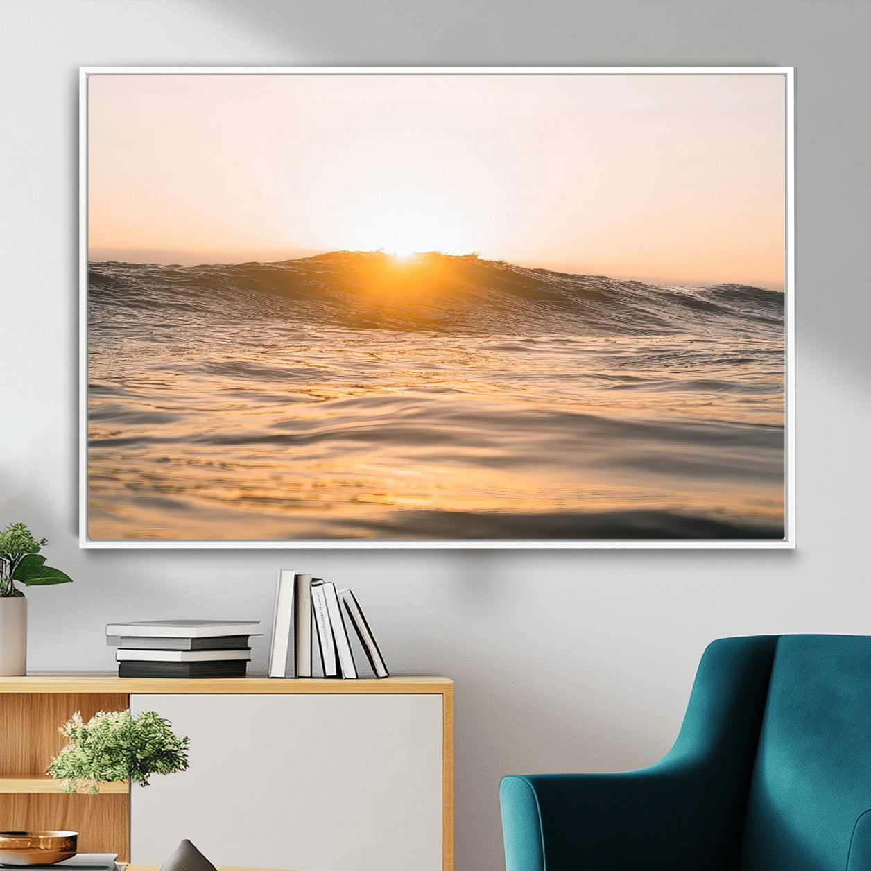 16973771-MGV-FC-36X24_White-Calm Water Wall Art – Framed Sunset Waves Canvas Artwork, Coastal Warm Design, Minimal Ocean Decor for Home, Office