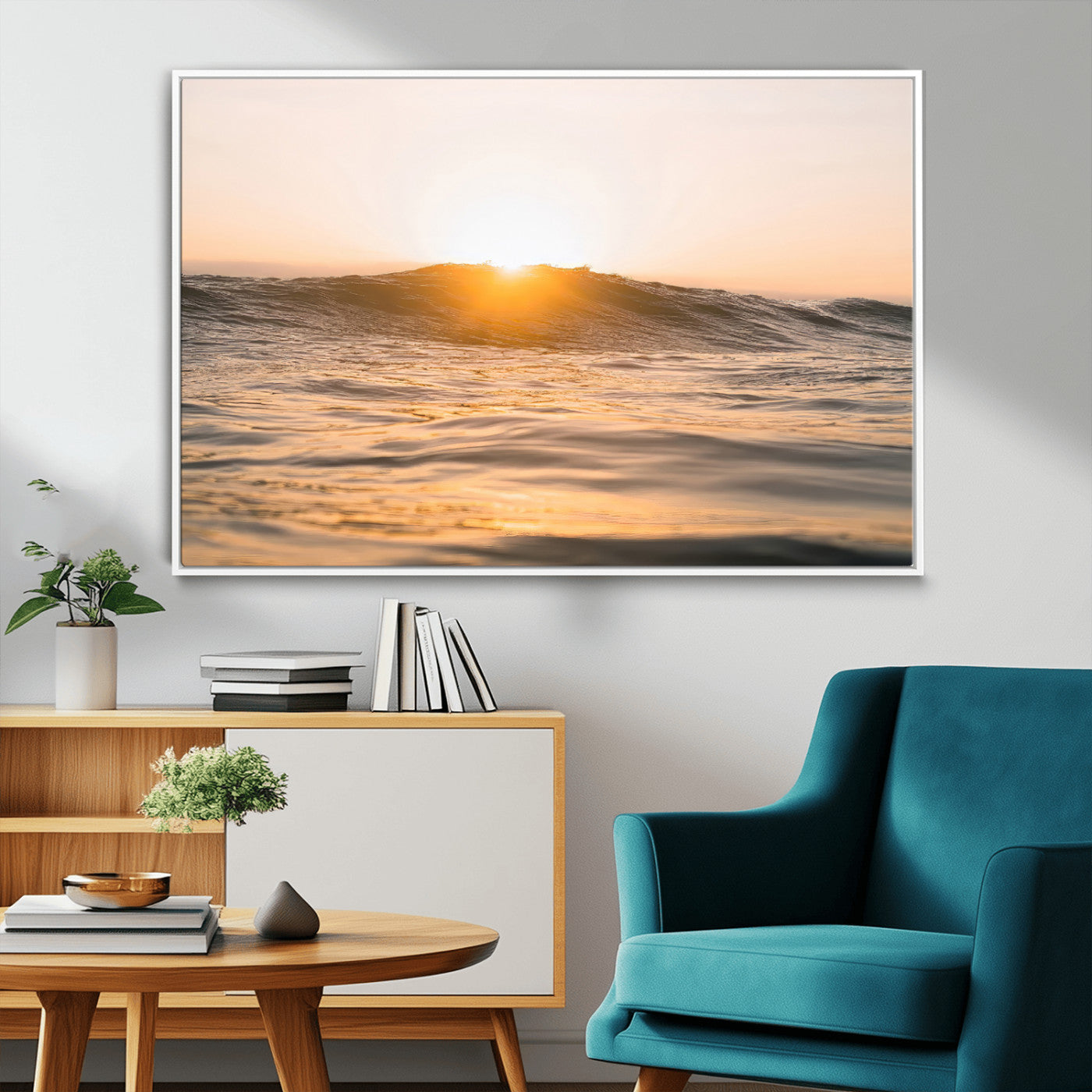 MGV-FC-36X24 - Calm Water Wall Art Canvas Print, Framed Sunset Waves Art Picture Print, Coastal Warmth Perfect Warm Minimalist Decor Artwork
