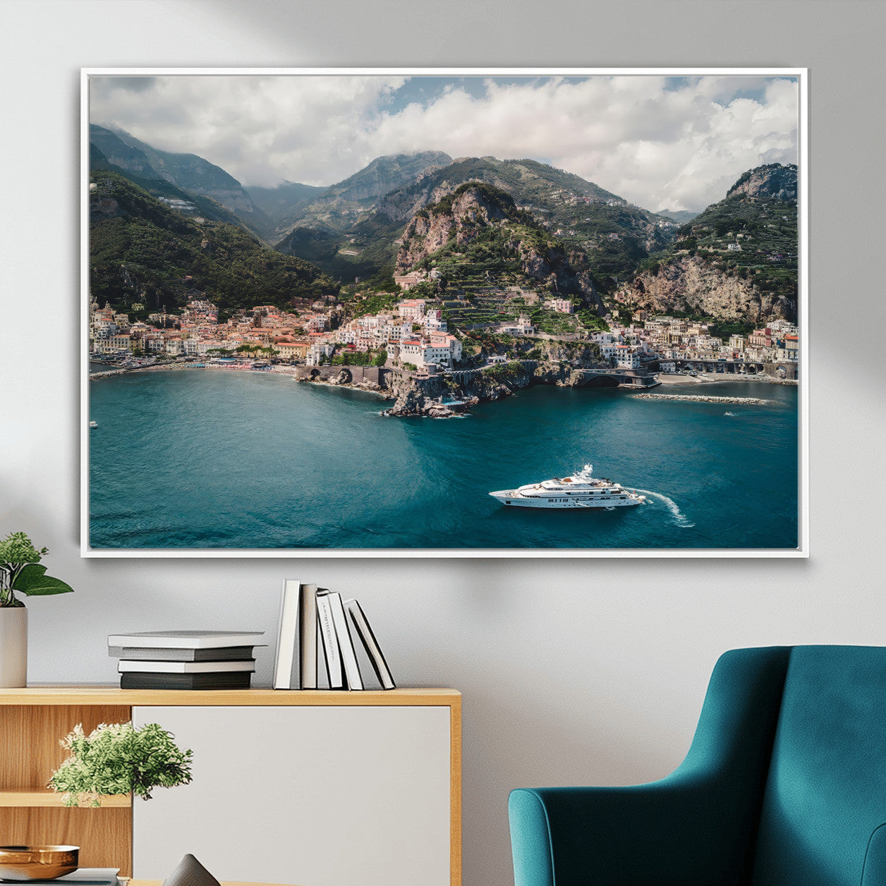 20321590-MGV-FC-36X24_White-Amalfi Coast Wall Art – Framed Italian Seaside Canvas Artwork, Mediterranean Landscape Design, Coastal Decor for Home, Office