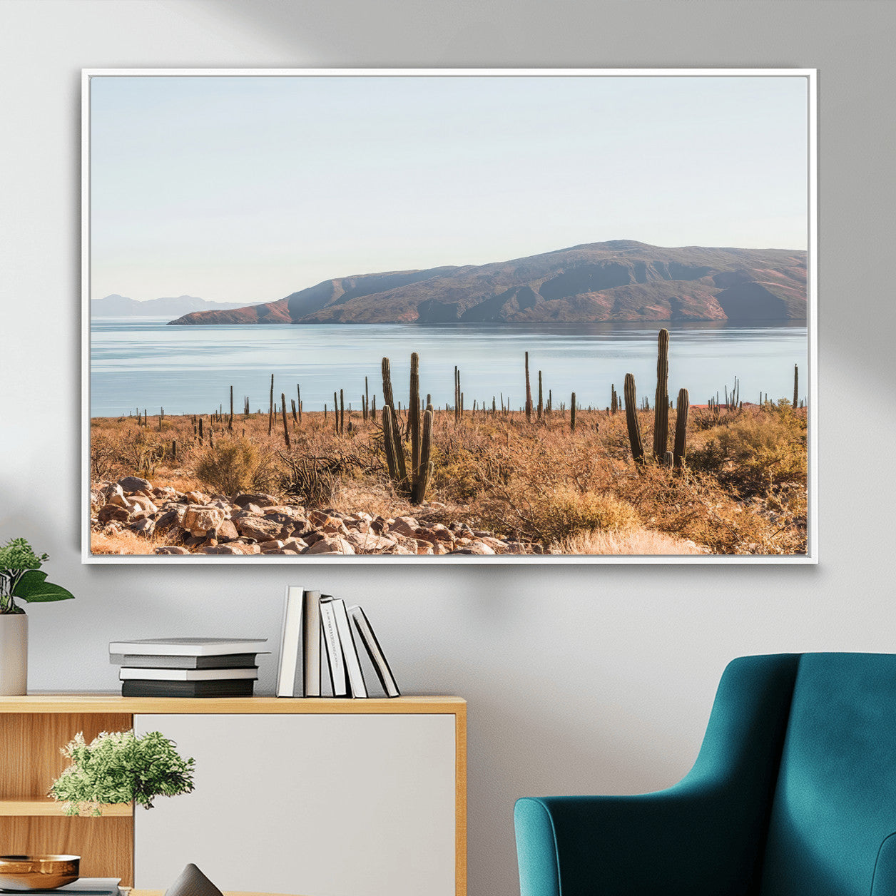 MGV-FC-36X24 - Desert Cactus Wall Art Canvas Print, Framed Baja Coastline Art Picture Print, Coastal Desert Perfect Southwestern Minimalist Decor Artwork
