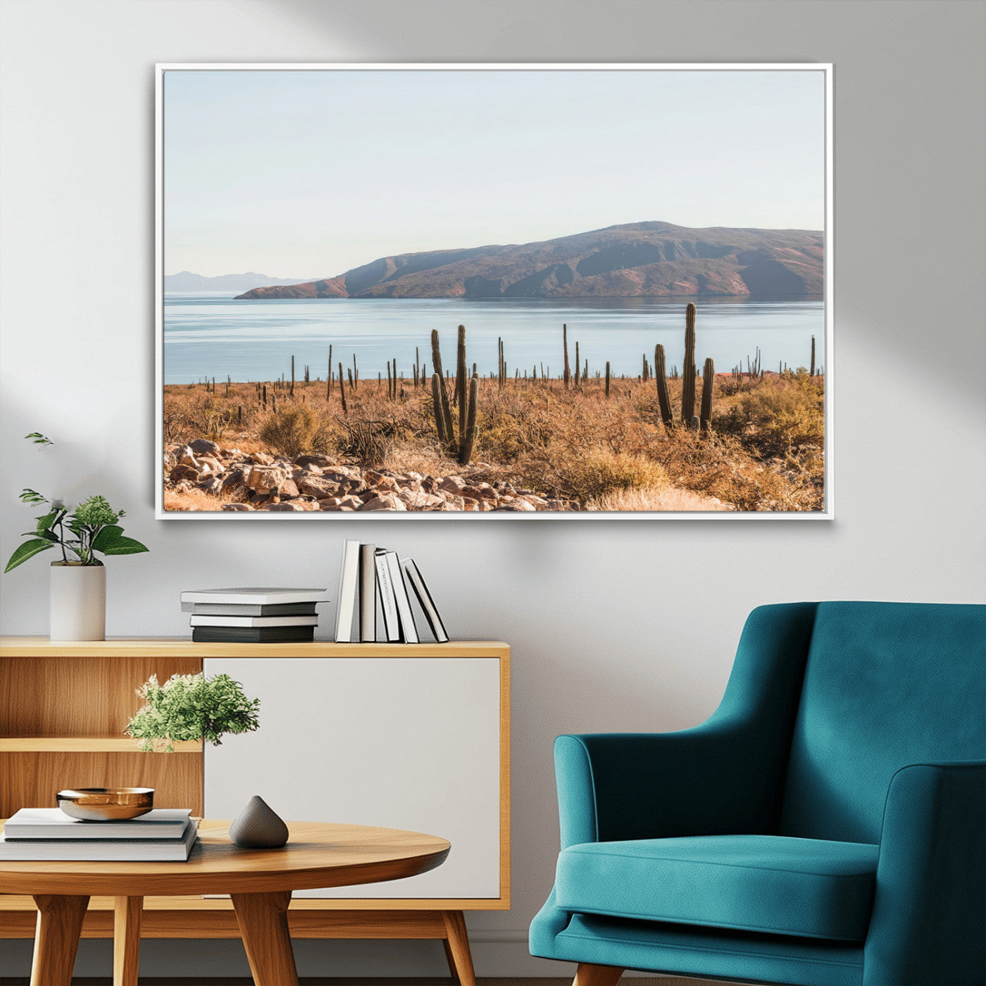 MGV-FC-36X24 - Desert Cactus Wall Art Canvas Print, Framed Baja Coastline Art Picture Print, Coastal Desert Perfect Southwestern Minimalist Decor Artwork