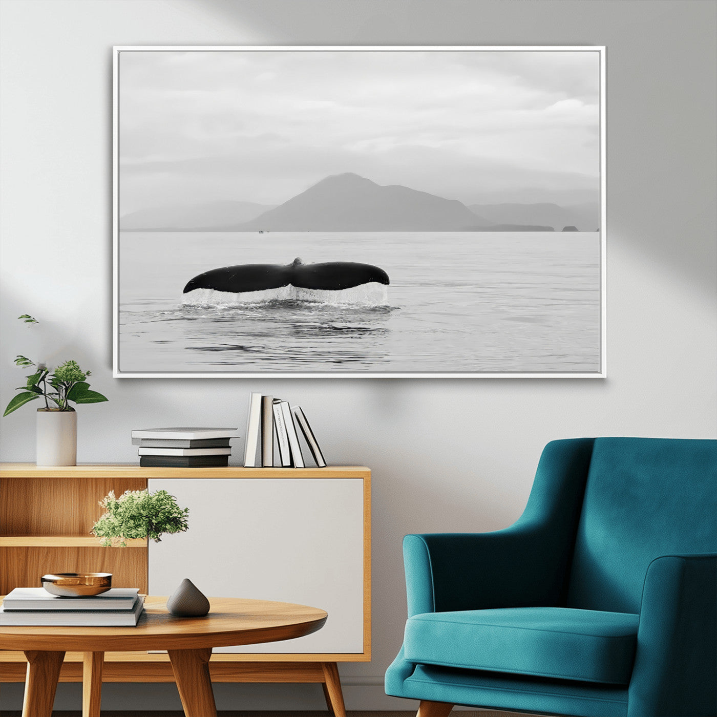 MGV-FC-36X24 - Whale Tail Wall Art Canvas Print, Framed Black White Ocean Art Picture Print, Calm Marine Perfect Minimalist Coastal Decor Artwork