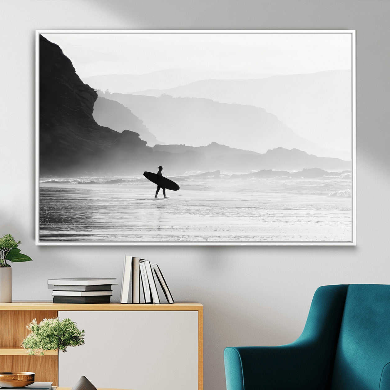 MGV-FC-36X24 - Surfer In Fog Wall Art Canvas Print, Framed Moody Shoreline Art Picture Print, Cliffside Waves Perfect Minimalist Coastal Decor Artwork