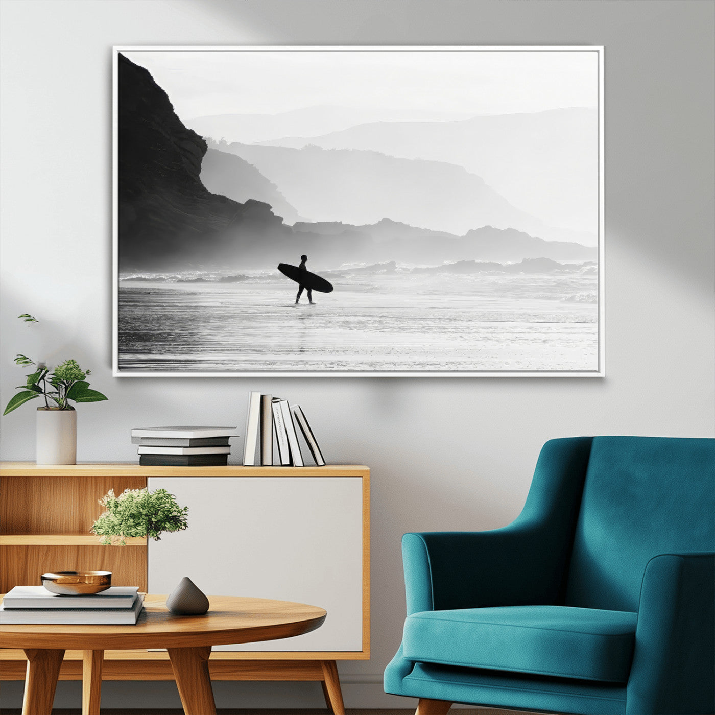 MGV-FC-36X24 - Surfer In Fog Wall Art Canvas Print, Framed Moody Shoreline Art Picture Print, Cliffside Waves Perfect Minimalist Coastal Decor Artwork